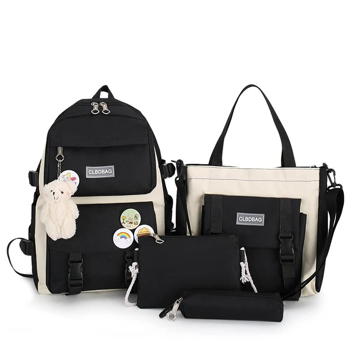 4pcs Kawaii Backpack Set with Cute Pendant - Aesthetic Canvas School Backpack for Students, Lightweight Shoulder Tote Bag for Casual Use, Daypack for College & High School (Black) - Perfect for School, Travel & Daily Commute