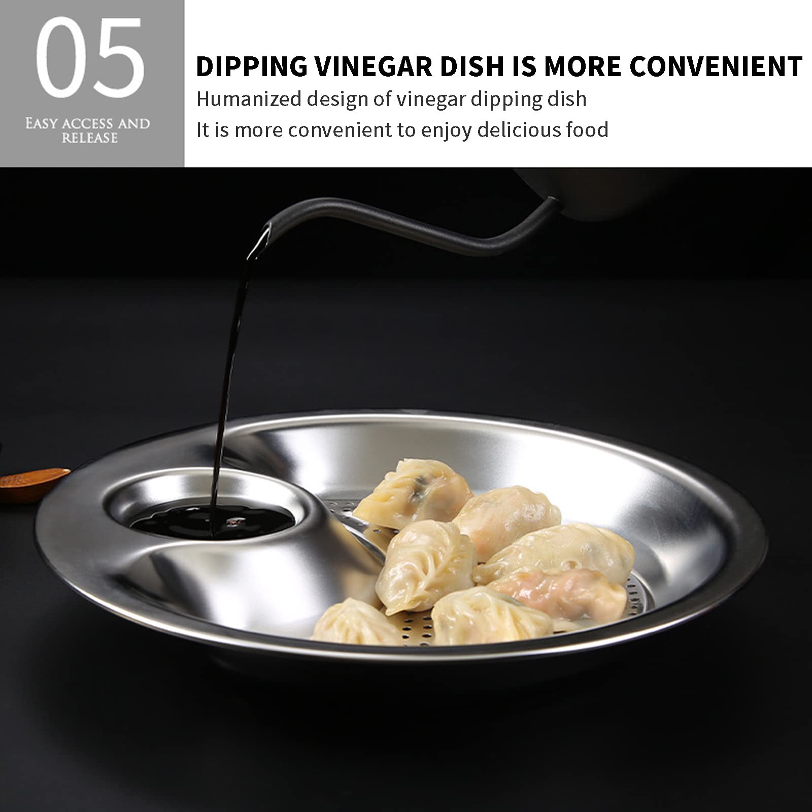 Premium Stainless Steel Dumpling Tray with Sauce Dish & Drain Tray - Double Layer Multipurpose Serving Plate for Dim Sum, Sushi, Appetizers - Perfect for Dinner Parties, Restaurants & Home Use (Silver)