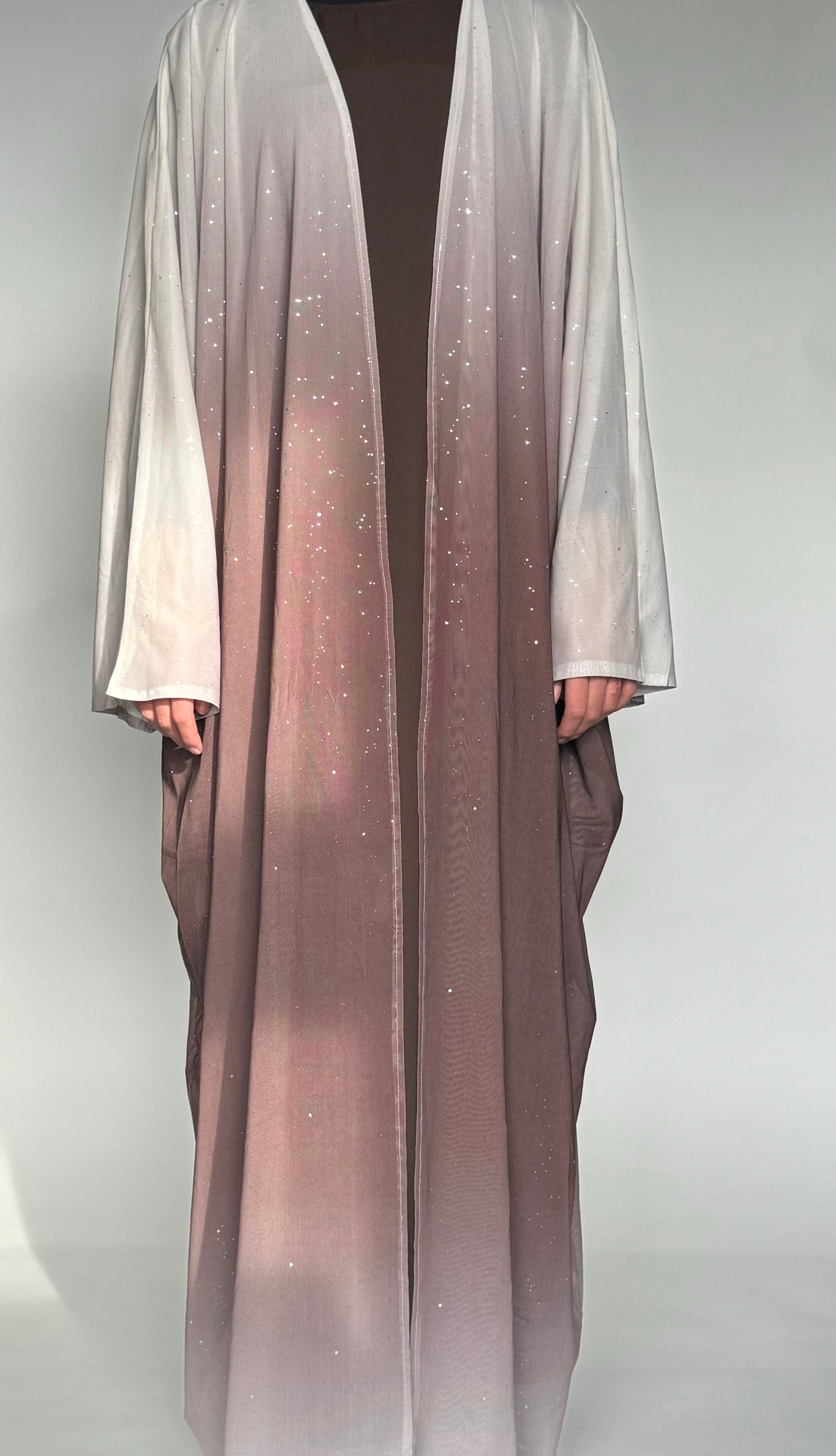 Elegant Brown & Beige Open Front Abaya with Sparkles - Modest Muslim Dress for Women - Perfect for Prayer, Eid, Weddings & Special Occasions