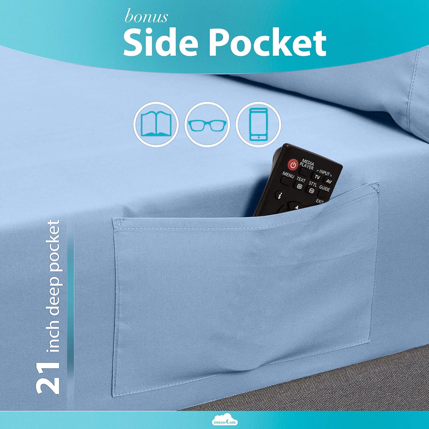DREAMCARE Twin XL Fitted Sheet - Extra Deep Pocket 21 Inch Mattress Cover - OEKO-TEX Certified Luxury Hotel Quality Bed Sheet - Soft Breathable Fabric (Light Blue) - Perfect for Guest Rooms, Dorms & Deep Mattresses