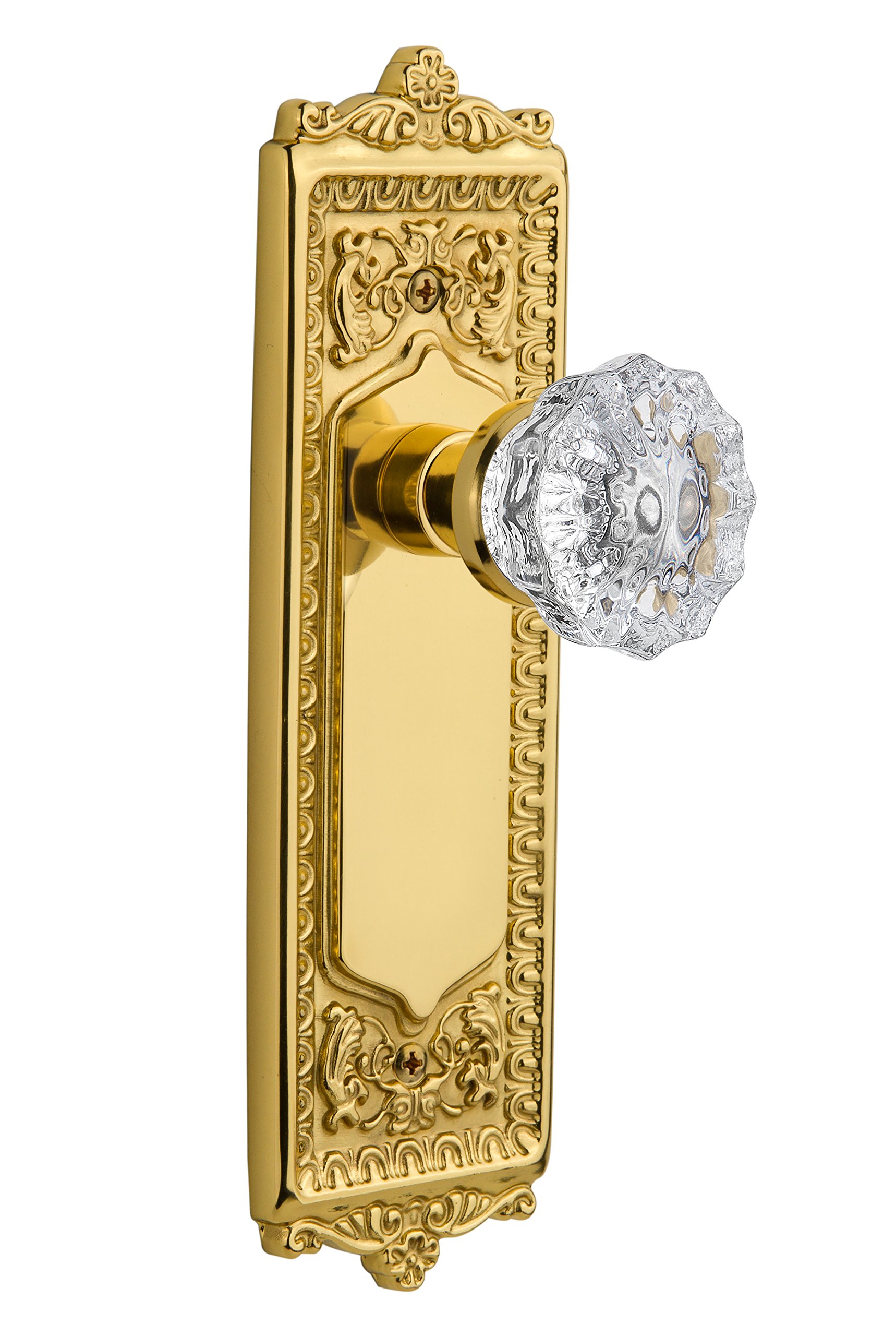 Vintage Egg & Dart Backplate with Crystal Glass Knob - Double Dummy Door Plate in Polished Brass for Classic Home Decor | Perfect for Victorian, Craftsman & Traditional Style Doors