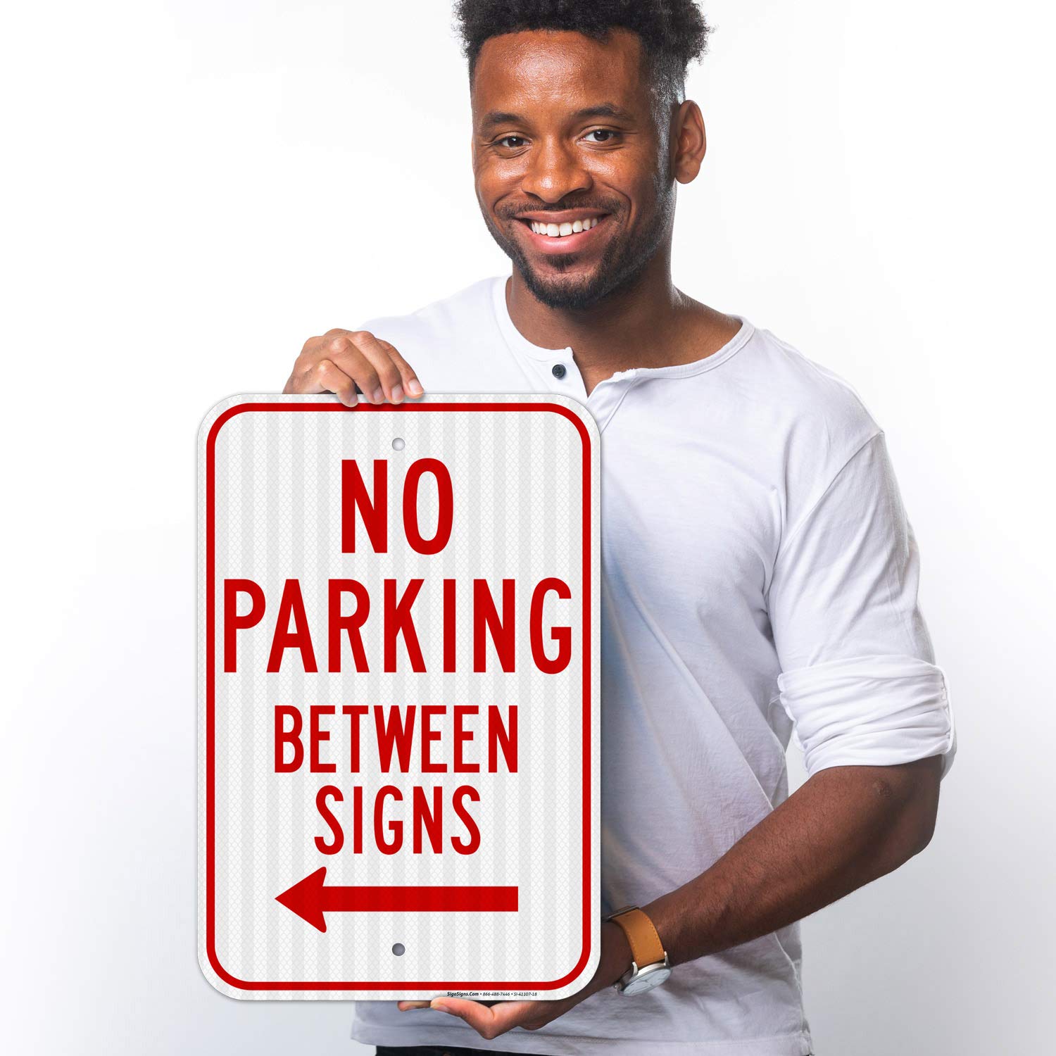 No Parking Between Signs with Left Arrow - 12x18 Inches, 3M EGP Reflective .063 Aluminum, Fade Resistant - Easy Mounting for Indoor/Outdoor Use - Made in USA - Perfect for Parking Lots, Driveways & Restricted Areas
