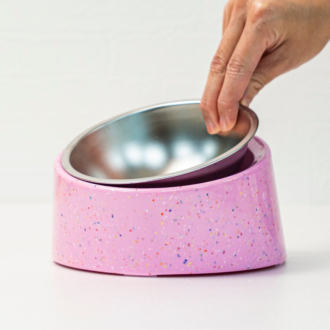 Bzyoo 16oz Tilted Dog Bowl for Small Dogs & Cats - Ergonomic Anti-Slip Pet Food Dish with Non-Spill Design, Perfect for Mealtime Comfort in Pink - Ideal for Small Breeds, Puppies, and Feline Friends at Home