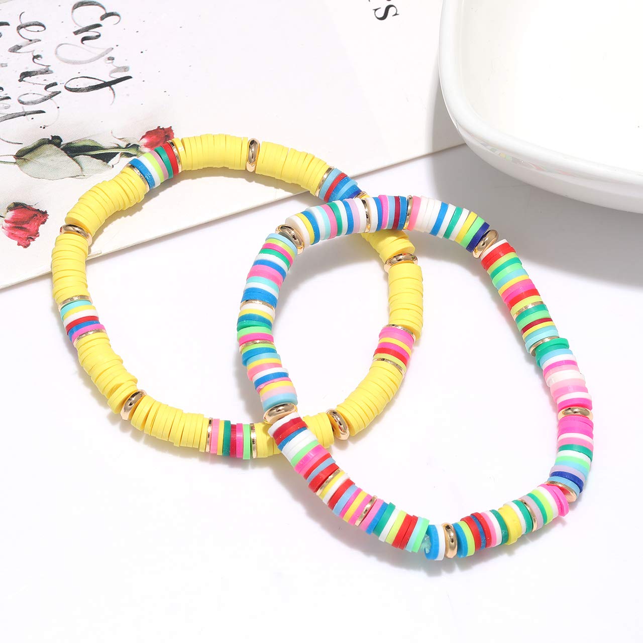 Rainbow Heishi Bead Stretch Bracelets for Women - Boho Vinyl Disc Beaded Friendship Bracelets - Stackable Layered Surfer Bracelets for Summer Beach Parties, Festivals & Everyday Boho Style