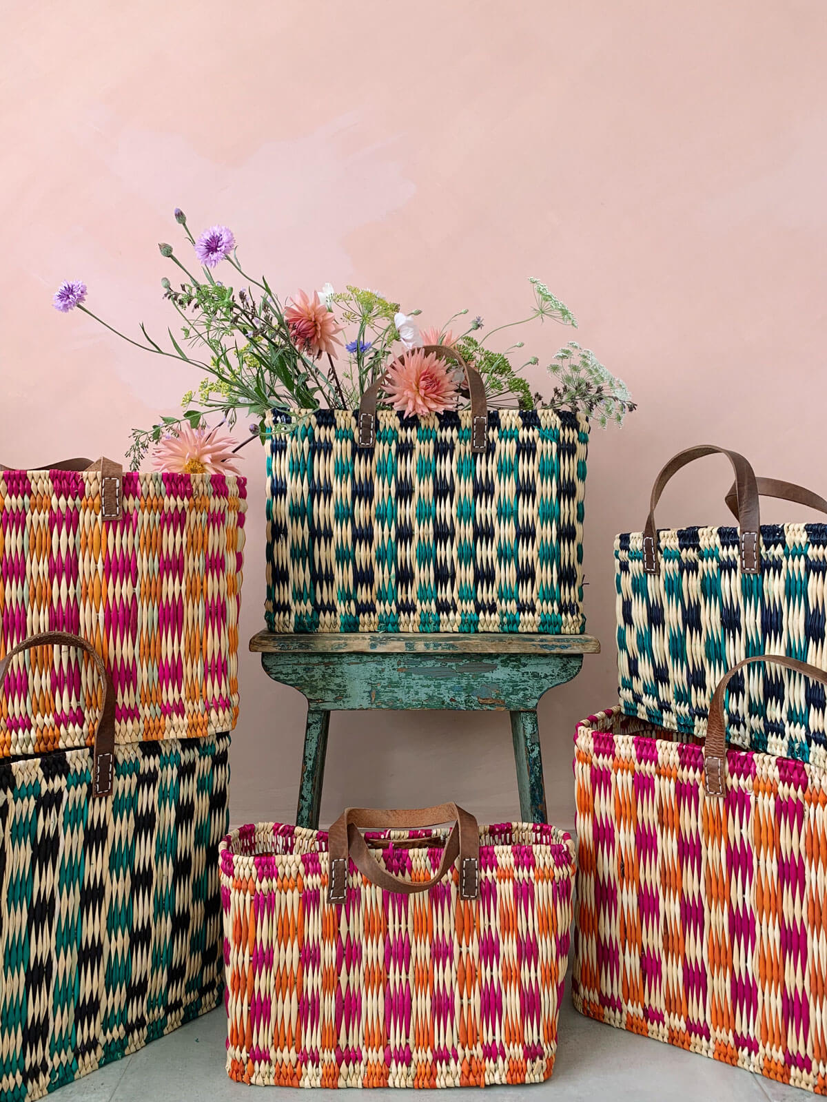 Handwoven Checkered Reed Storage Basket - Indigo & Green - Perfect for Home Organization, Laundry, and Farmhouse Decor