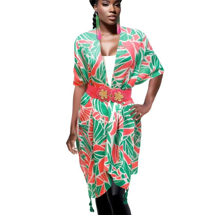 Stylish Kimono with Lurex Threads in Tropical Pink, Orange & Green - Perfect for Beach Cover-Up, Summer Parties & Boho Fashion