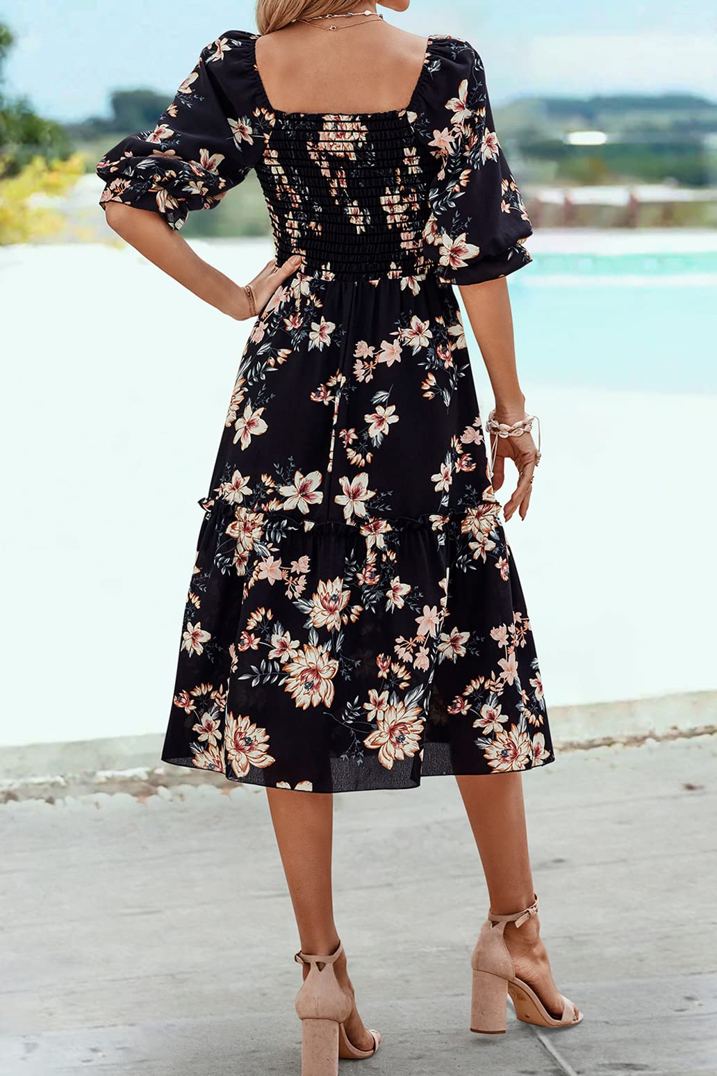PRETTYGARDEN Women's Summer Casual Dress 2025 - Puff Sleeve Square Neck A-Line Flowy Boho Floral Smocked Midi Dress for Spring/Summer, Beach Vacation, Date Night & Outdoor Parties