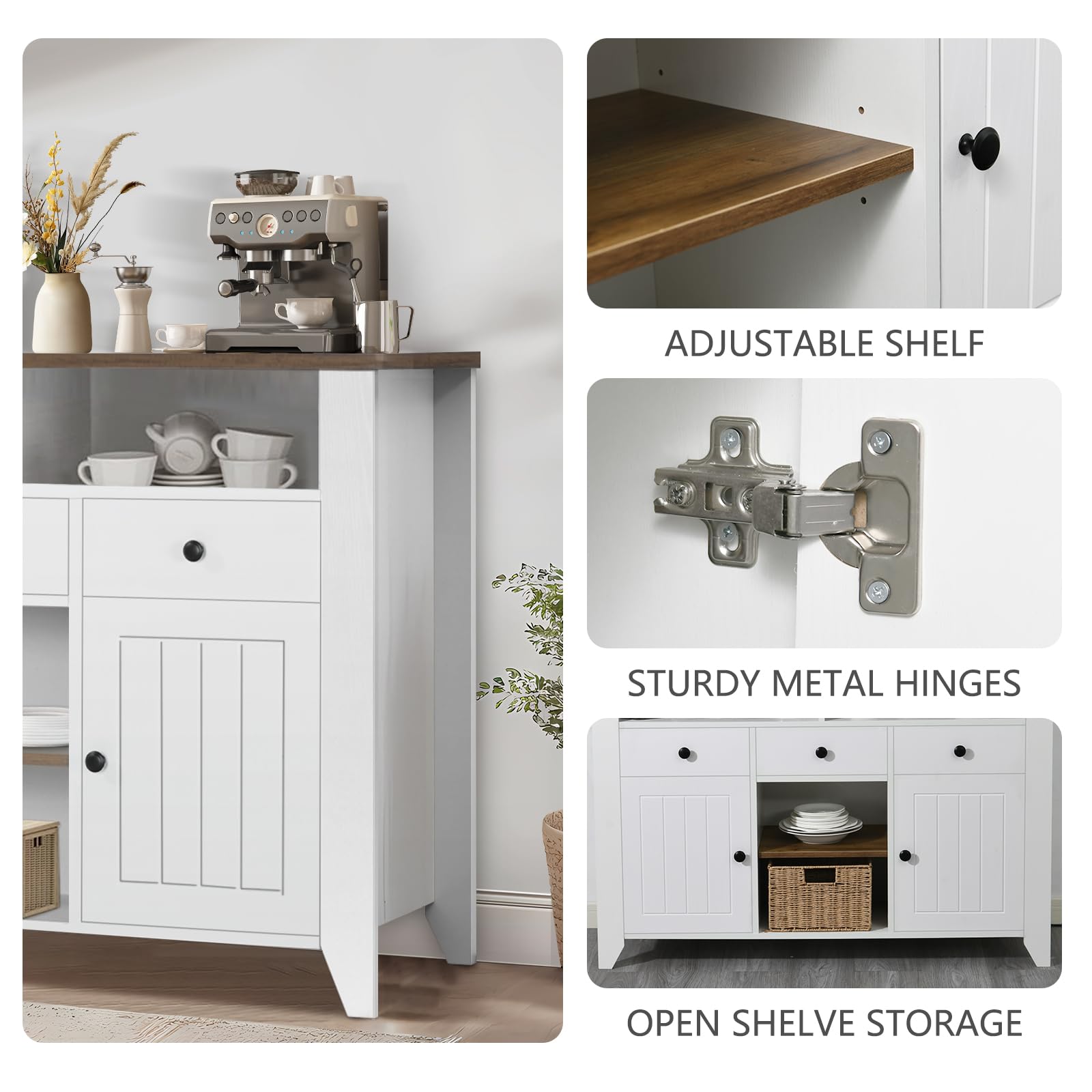 Farmhouse Coffee Bar Cabinet with Storage - 47 Inch White Buffet Cabinet with 3 Drawers, 2 Doors & Open Shelf - Kitchen Coffee Station for Living Room, Dining Room - Perfect for Entertaining Guests & Organizing Coffee Essentials