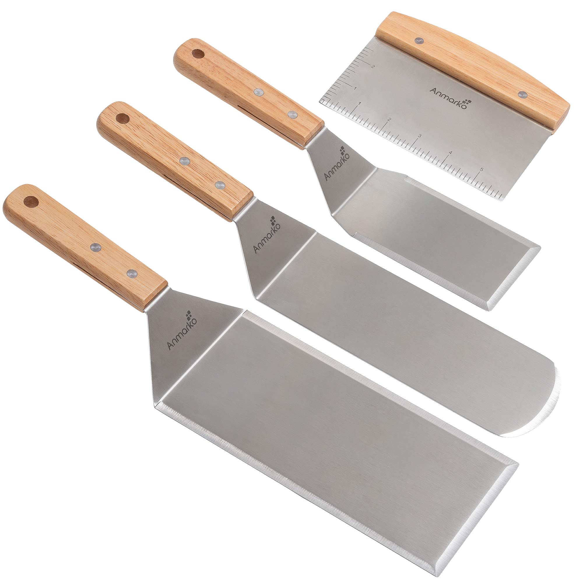 Premium Stainless Steel Spatula Set - 3-Piece Teppanyaki & BBQ Spatulas with Griddle Scraper - Professional Pancake Flipper, Hamburger Turner for Cast Iron, Flat Top Grill - Perfect for Outdoor Cooking, Camping & Home Kitchen Use