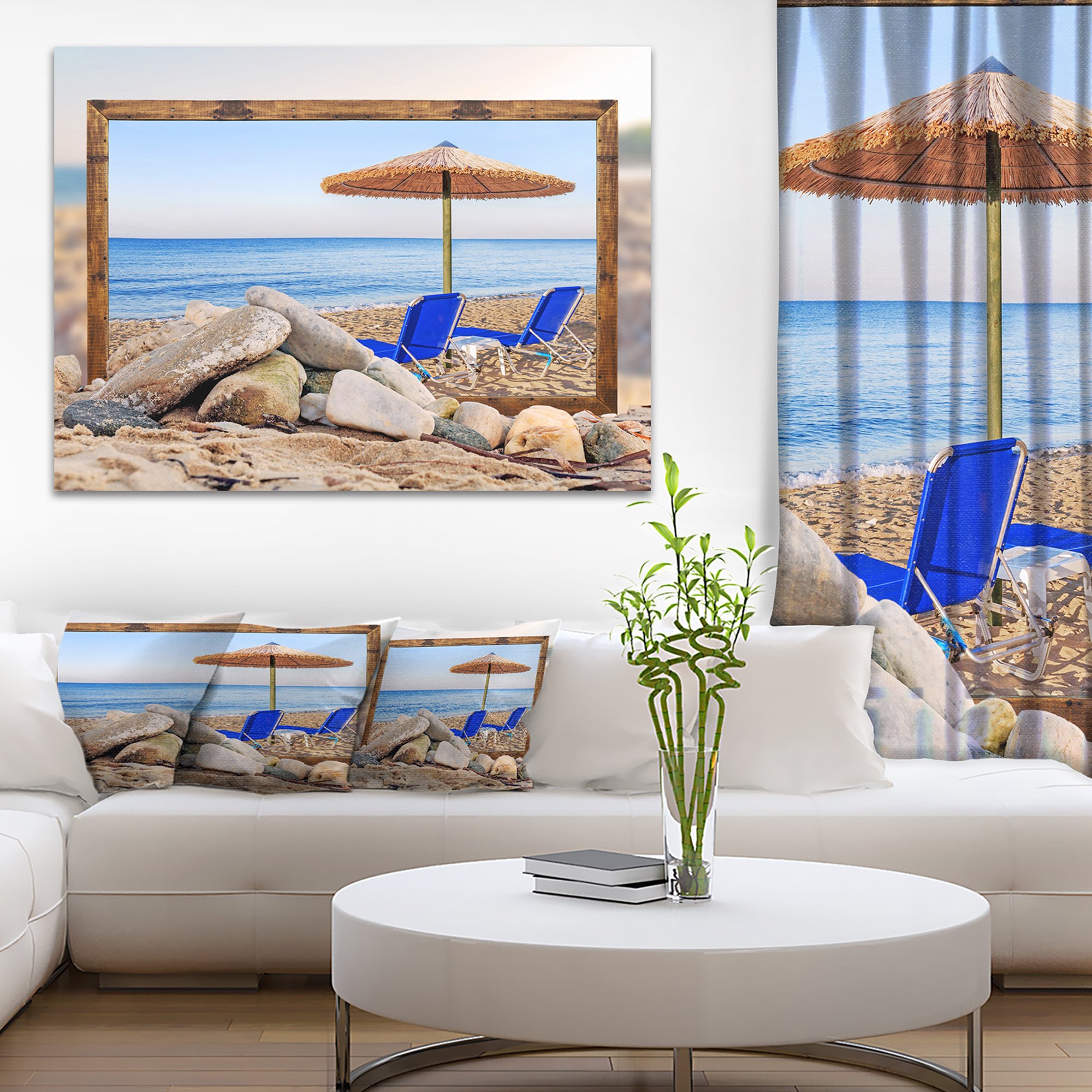 Framed Beach Canvas Art Print - Scenic Seashore with Chairs & Umbrella - Perfect for Living Room, Bedroom & Coastal Decor