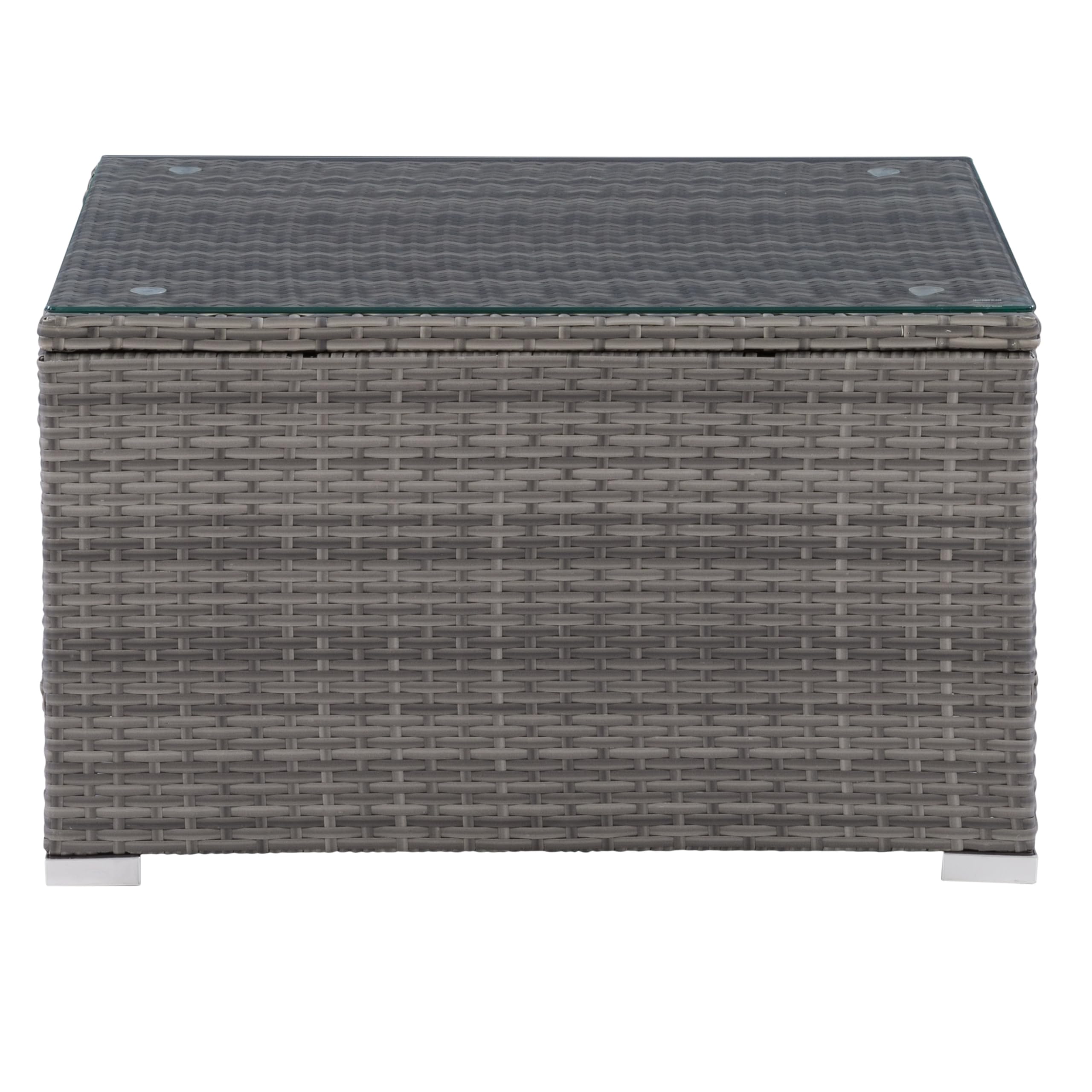 CorLiving Parksville Gray Wicker Rattan Square Outdoor Coffee Table with Tempered Glass Top - Perfect for Patio, Garden, and Poolside Relaxation