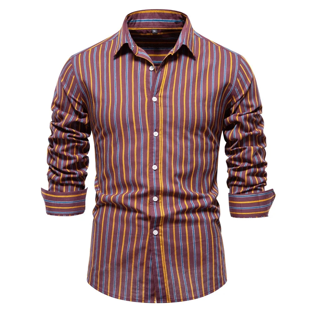 100% Cotton Striped Long Sleeve Button Down Shirt for Men - Classic Business Casual Wear for Office, Dating & Social Events | Fall Fashion Essential
