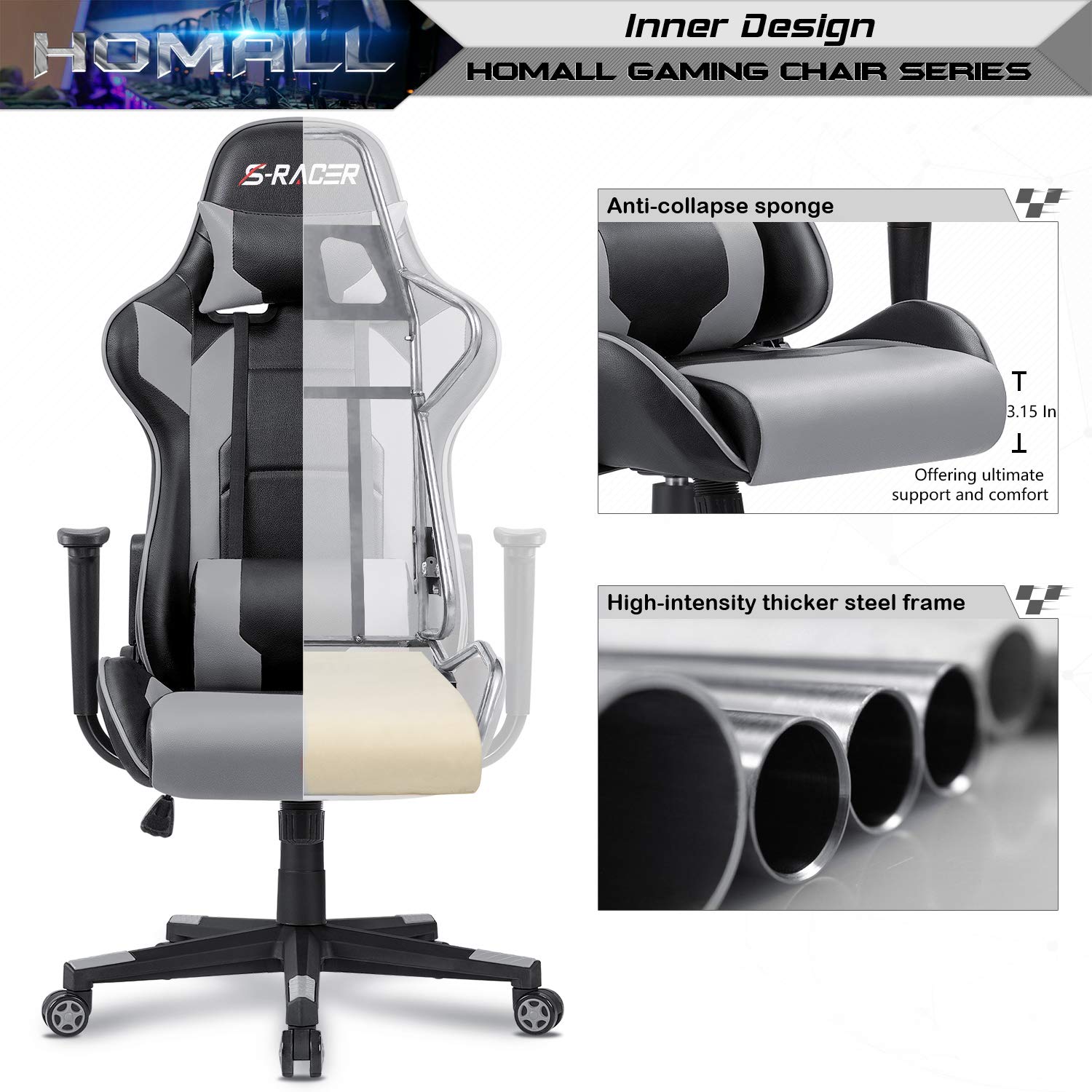 Homall Ergonomic Gaming Chair - High Back Office Chair with Adjustable Headrest & Lumbar Support, Leather Computer Desk Chair for Racing Style Executive Workstation (Grey) - Perfect for Home Office, Gaming Setup & Professional Workspaces