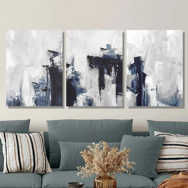 3-Piece Abstract Blue and Gray Oil Painting Metal Wall Art - Ready to Hang Modern Home Decor for Living Room, Bedroom & Office