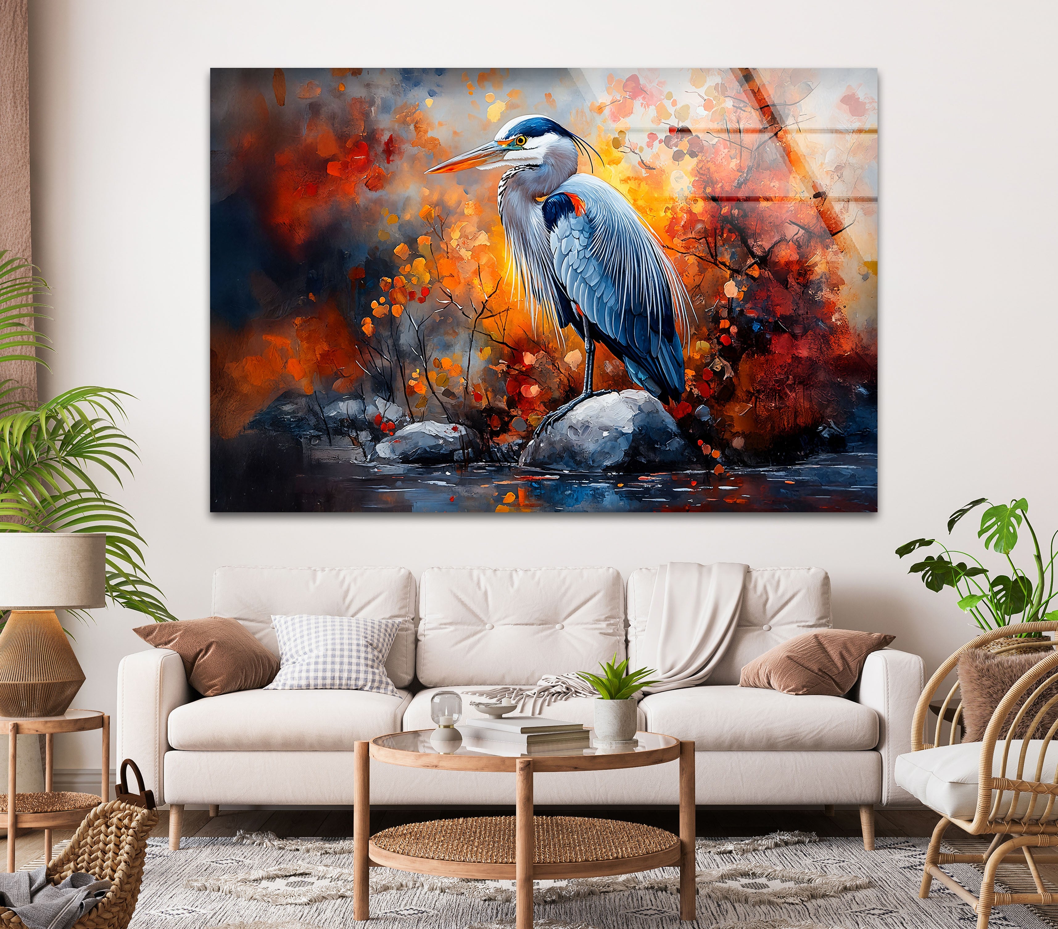 Autumn Majesty - Heron in Fiery Foliage Glass Wall Art Decor | Stunning Nature-Themed Home & Office Decoration | Perfect for Living Room, Bedroom or Gift