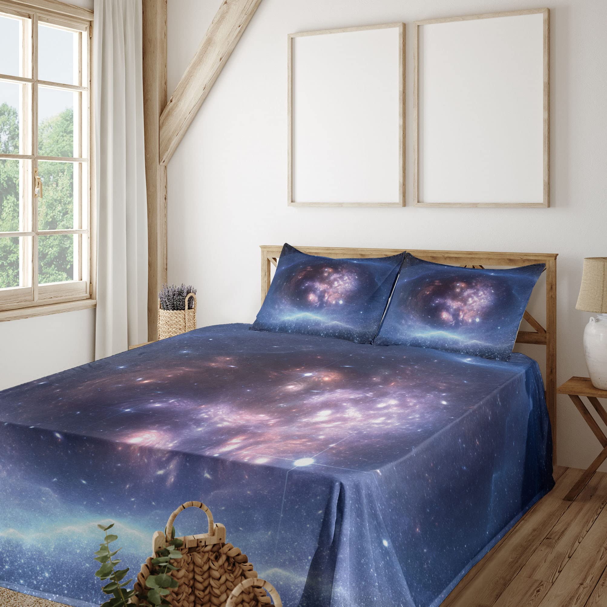 Ambesonne Outer Space Bed Sheet Set 4-Piece, Full Size - Nebula Gas Cloud & Star Clusters Astronomy Design, Navy Purple Fitted & Flat Sheets with Pillowcases | Galaxy Themed Bedroom Decor for Kids & Adults, Space Enthusiast Gift Idea