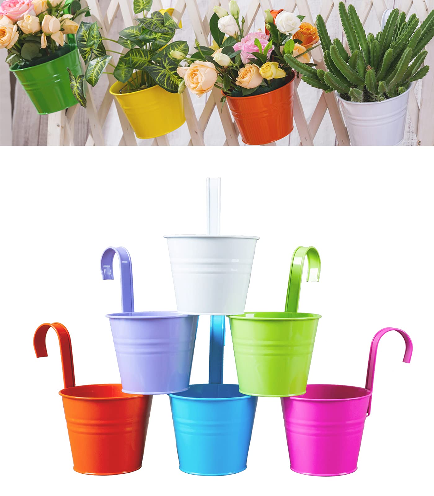 6 Pack Metal Hanging Flower Pots with Detachable Hooks & Drainage Holes - Indoor/Outdoor Planters for Balcony, Garden, Railing & Fence Decor - Large Colorful Hanging Buckets for Flowers, Herbs & Succulents