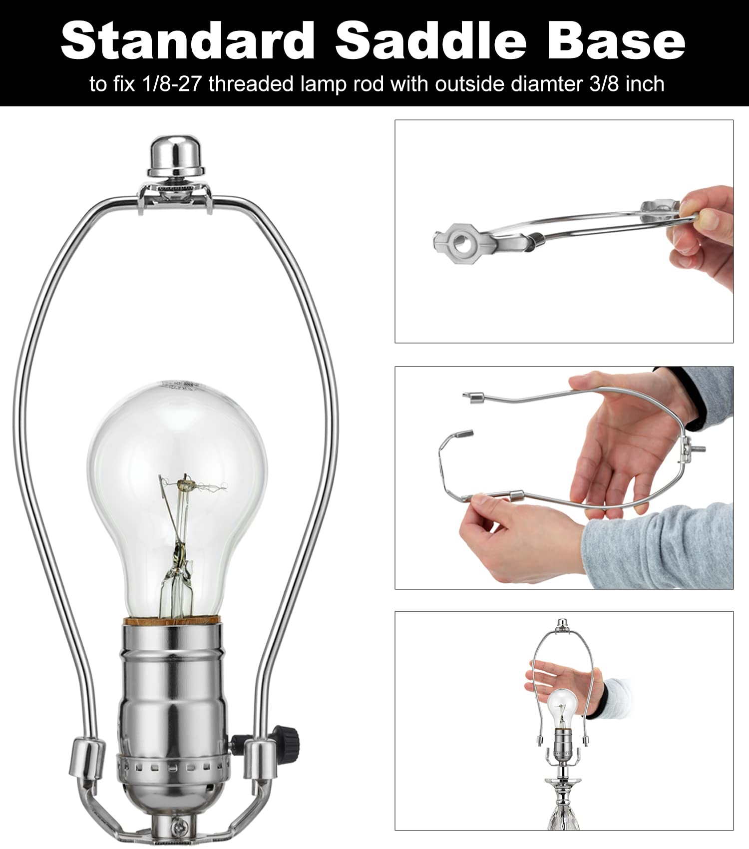 8 Inch Heavy Duty Lamp Harp Set of 2 - Silver Lamp Harp Holder with Finial Caps, 3/8 Standard Saddle & E26 Base for Table & Floor Lamps - Perfect for Living Room, Bedroom & Office Lighting Decor