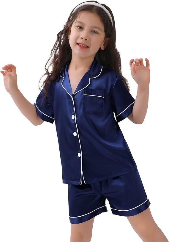 SWOMOG Kids Satin Pajama Set for Girls & Boys - Soft Button-Down Silk PJS with Short Sleeves - 2-Piece Comfortable Nightwear & Lounge Outfit for Sleepovers, Birthday Gifts & Cozy Bedtime
