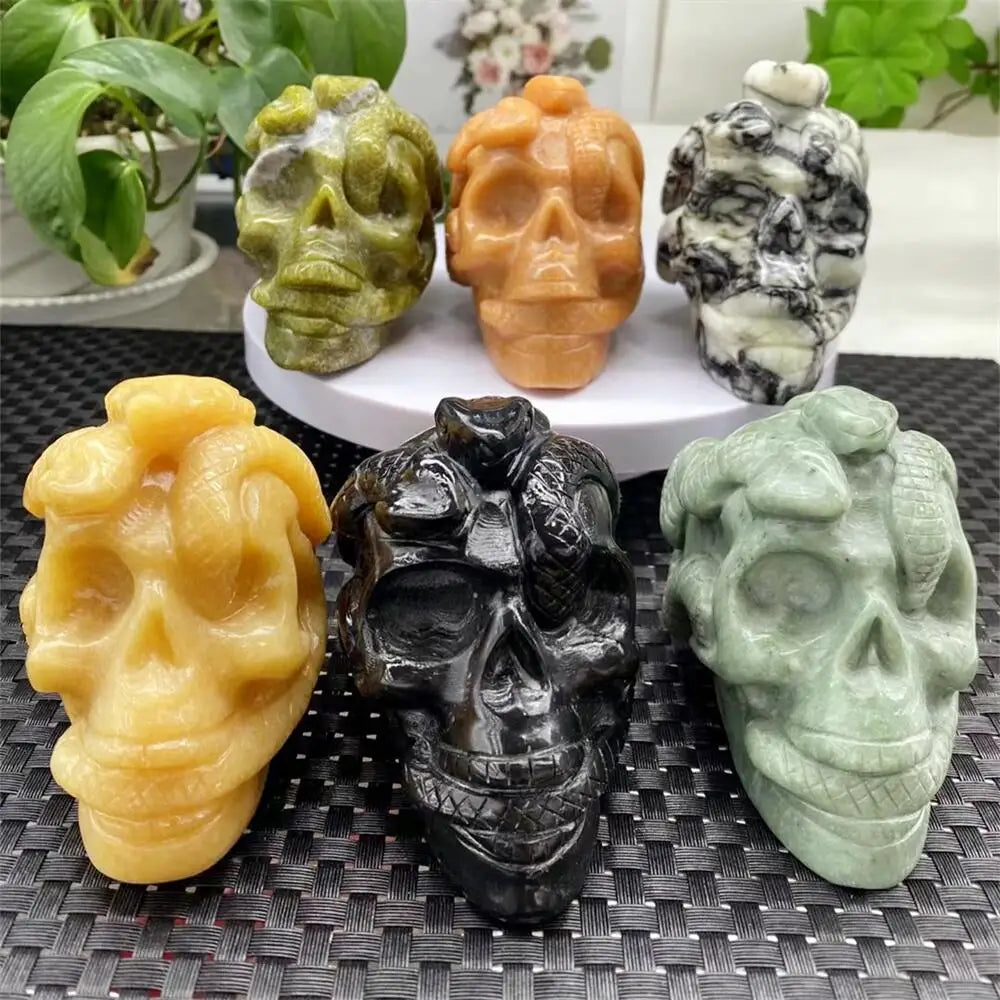Natural Crystal Quartz Snake Wrapped Skull - Healing Stone for Fashion Jewelry, Home & Office Decor - Unique Christmas Gift (1pc) - Perfect for Meditation, Energy Cleansing & Gothic Style Decorations