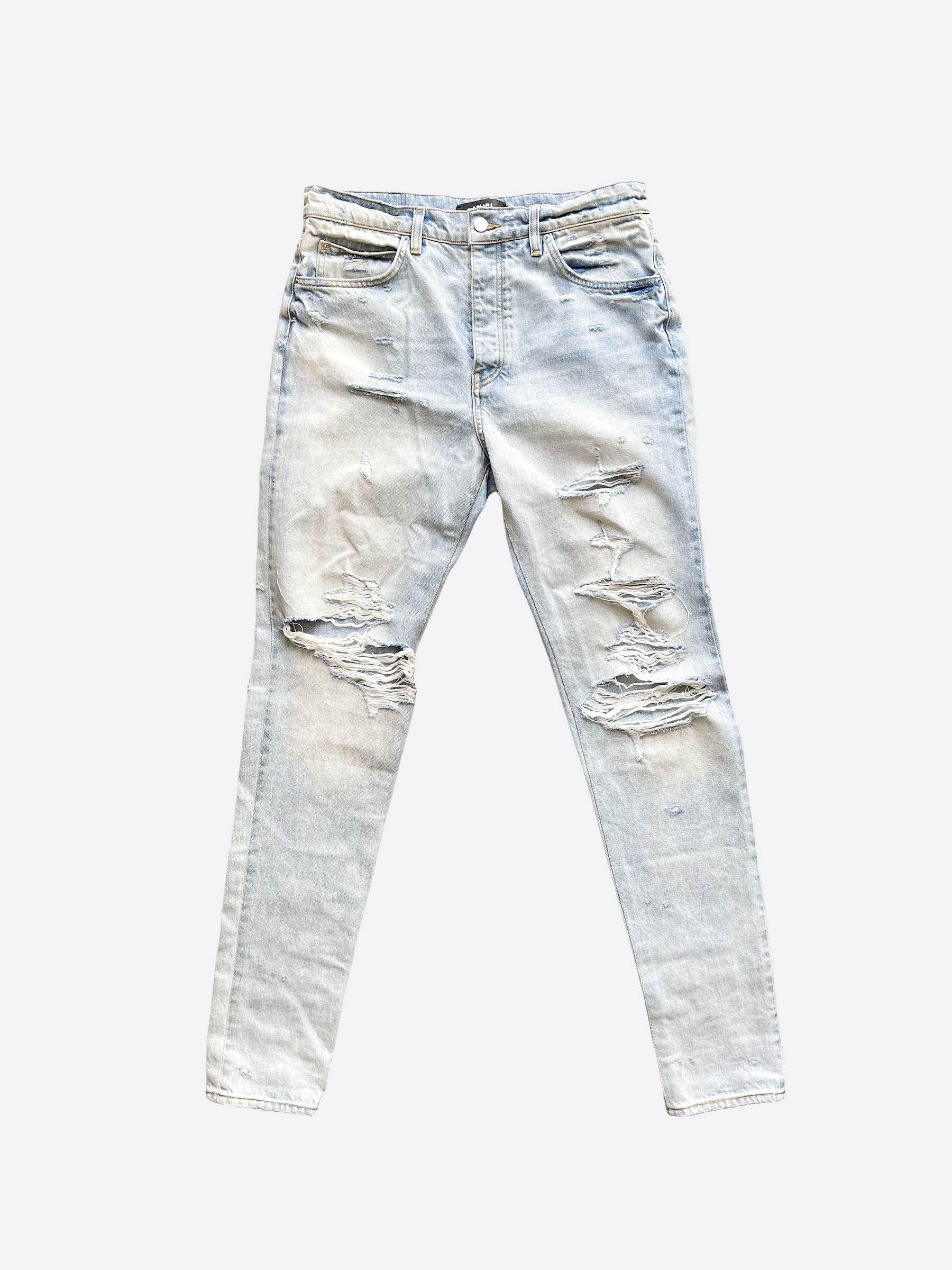 Amiri Light Blue Distressed Jeans for Men - Vintage Washed Slim Fit Denim Pants | Perfect for Casual Wear, Street Style & Night Out