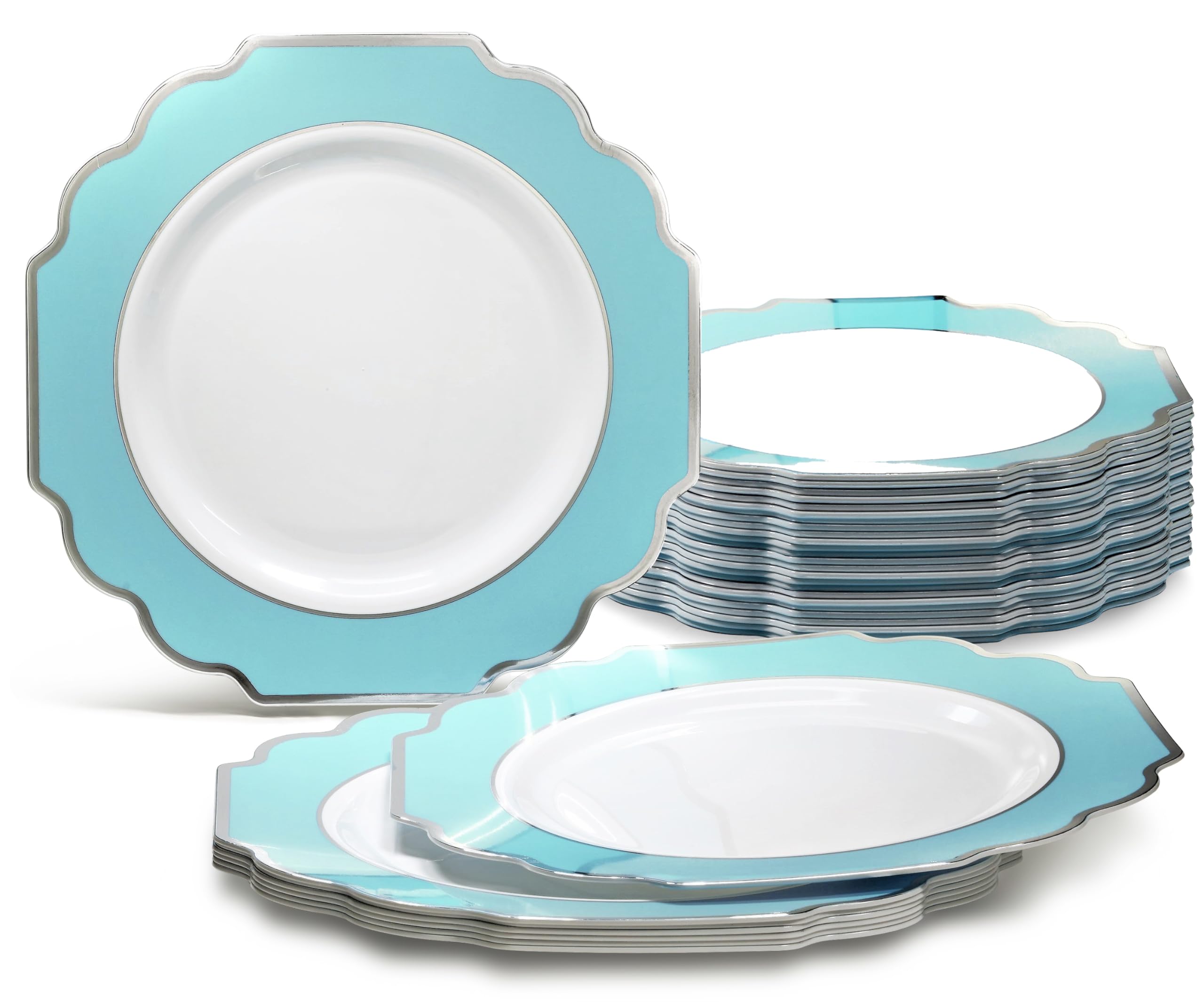 60 Heavyweight Disposable Plastic Plates for Wedding & Party - 10.5'' Dinner Plates in Imperial Aqua & Silver - Elegant Tableware for Special Occasions, Catering & Events
