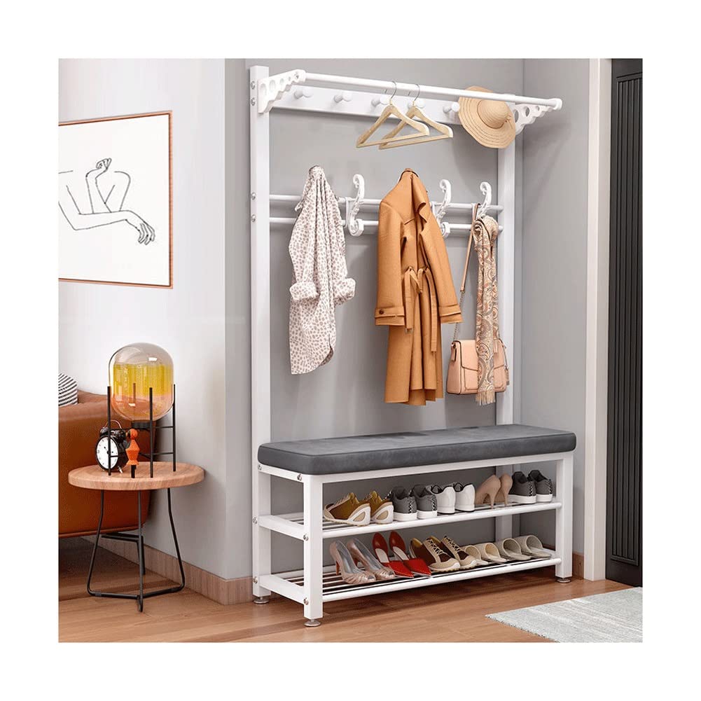 Industrial Hall Tree with Hooks - 3-in-1 Entryway Coat Rack, Shoe Bench & Storage Organizer with Shelf - Sturdy Metal Frame for Hallway, Bedroom, Bathroom (White Gray, 39.4
