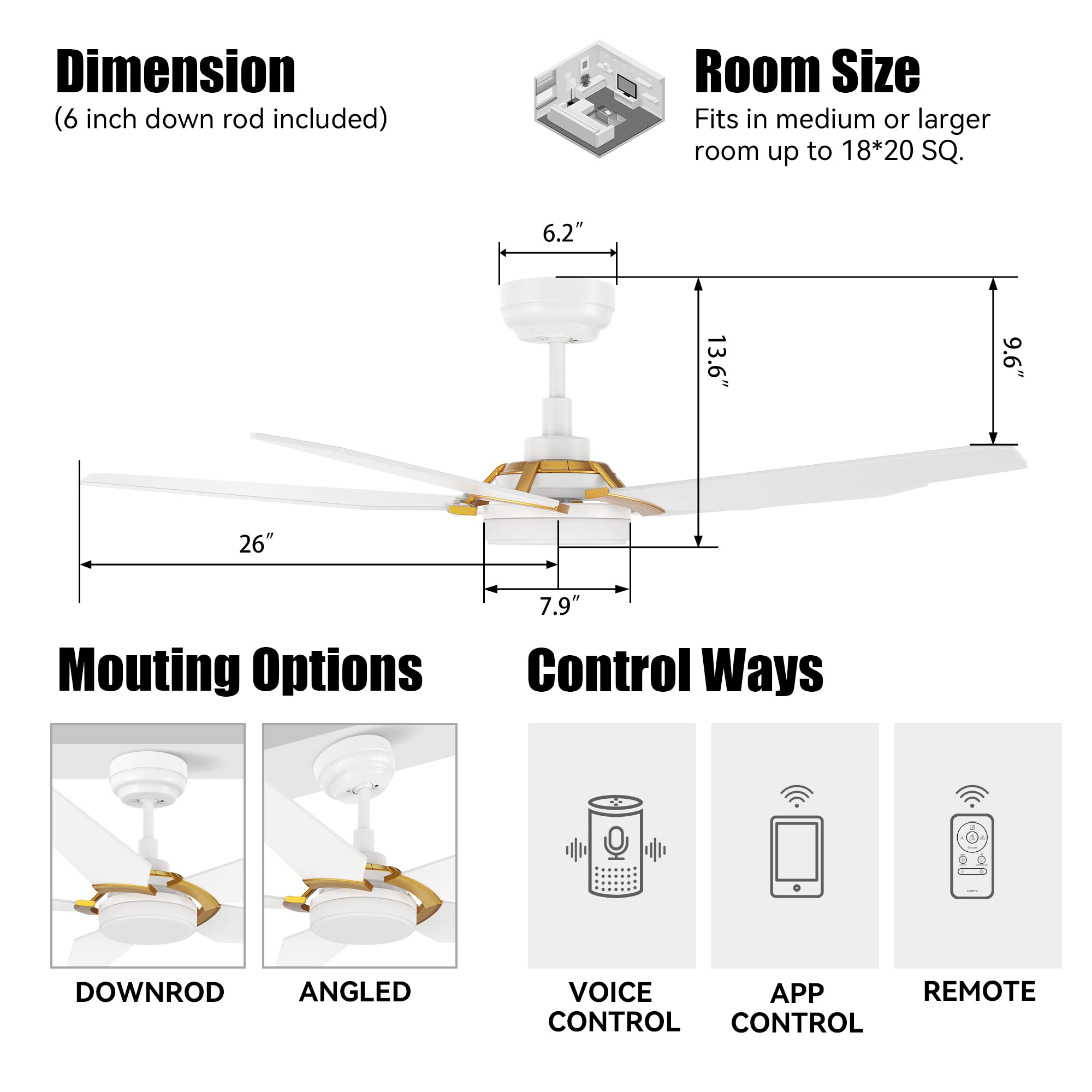 52 Inch Smart Ceiling Fan with Light - 5 Blade Low Profile Outdoor Ceiling Fan, 10 Speed DC Motor & Dimmable LED - Works with APP/Alexa/Google Assistant/Siri Shortcuts (White & Gold) - Perfect for Patio, Deck, Gazebo and Outdoor Living Spaces