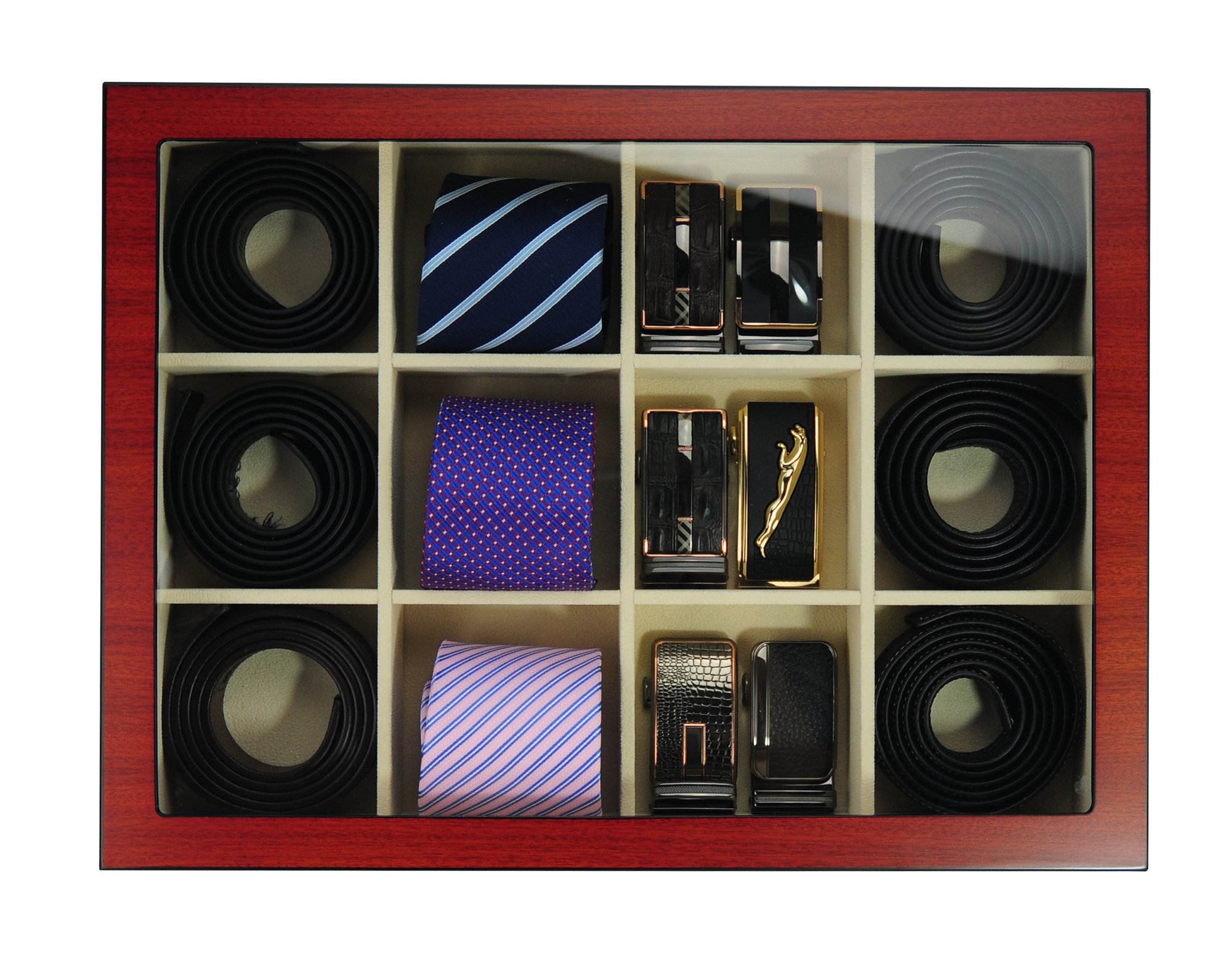 Cherry Wood Display Case for 12 Ties, Belts & Accessories - Premium Storage Box for Men | Perfect Father's Day Gift & Home Office Organization Solution