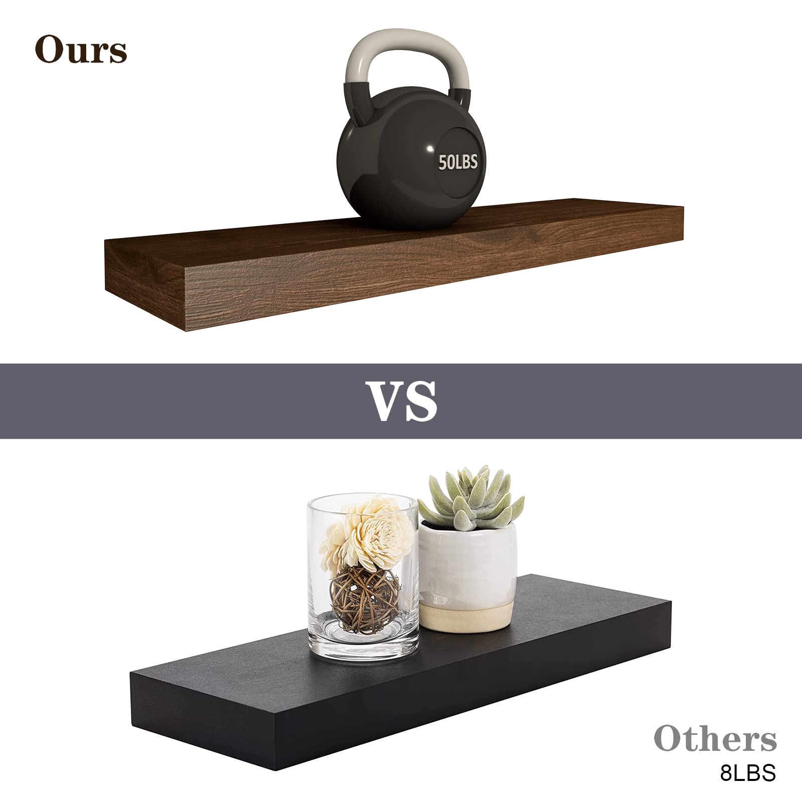 Set of 2 Floating Shelves Wall Mounted - 36 Inch Rustic Wood Wall Storage Shelves for Bedroom, Living Room, Bathroom, Kitchen & Office - Dark Walnut - Perfect for Displaying Decor, Books & Organizing Spaces