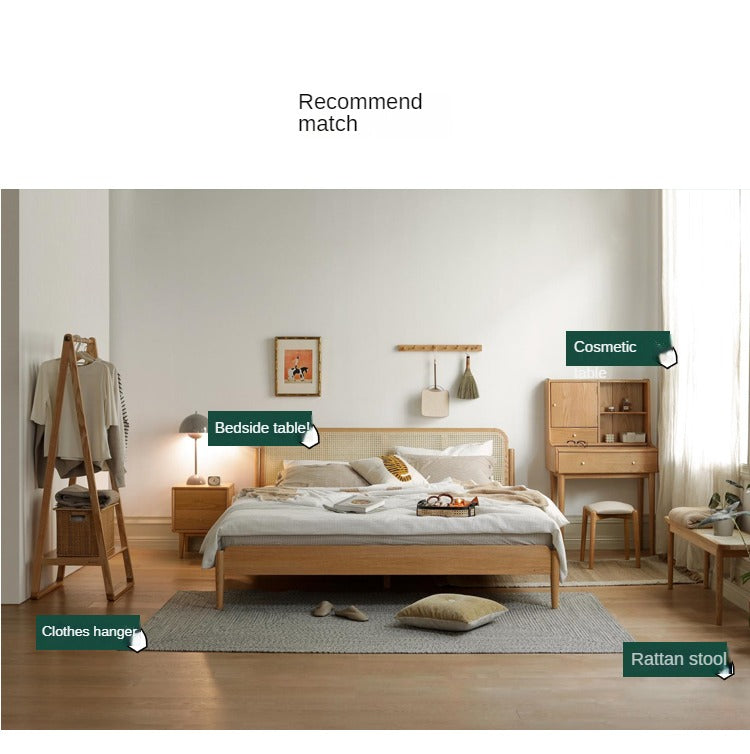 Solid Oak Wood Rattan Bed Frame - Queen Size, Natural Finish - Perfect for Bedroom, Guest Room & Farmhouse Decor