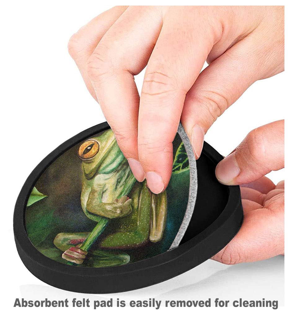 Non-Slip Silicone Drink Coasters with Removable Absorbent Felt Pads - Set of 4 - Yellow Eyed Tree Frog Design - Perfect for Home, Office, and Party Use
