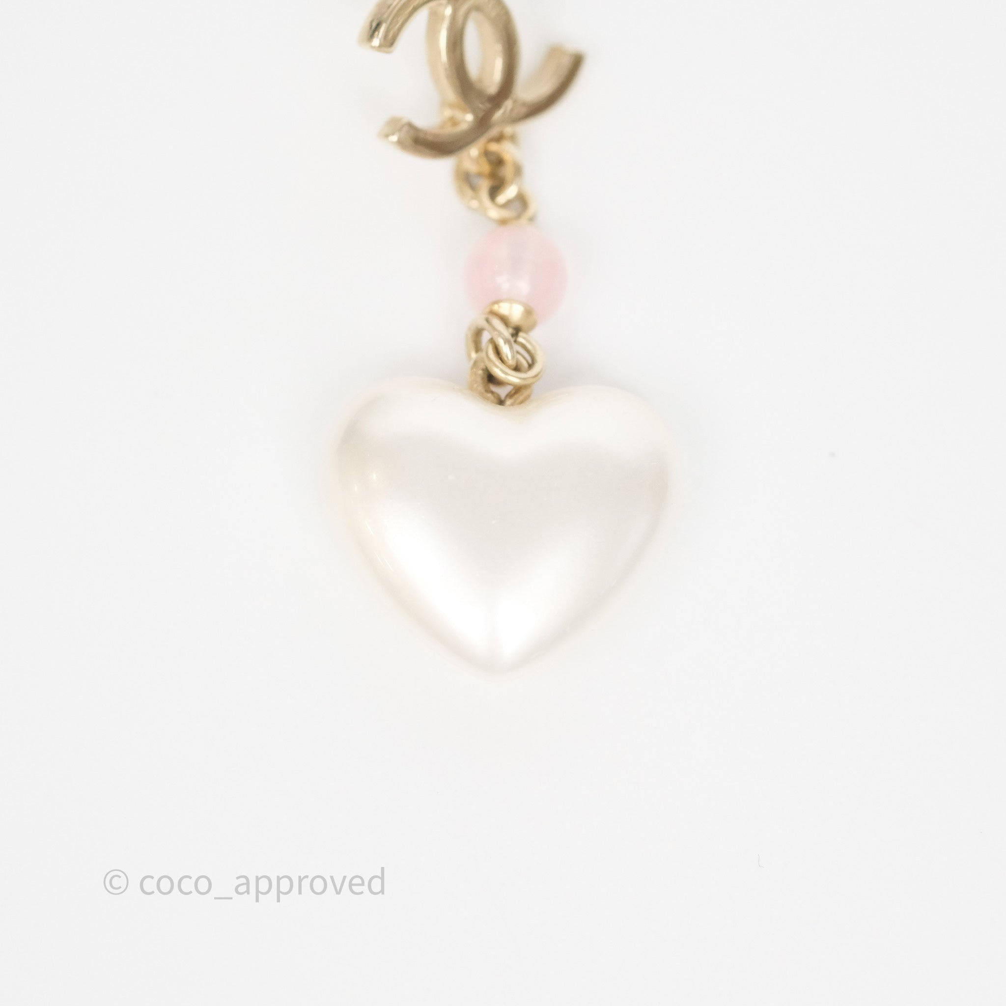 Chanel CC Pink Bead Heart Pearl Crystal Drop Earrings in Gold Tone - Elegant Luxury Jewelry for Women, Perfect for Parties, Weddings & Special Occasions