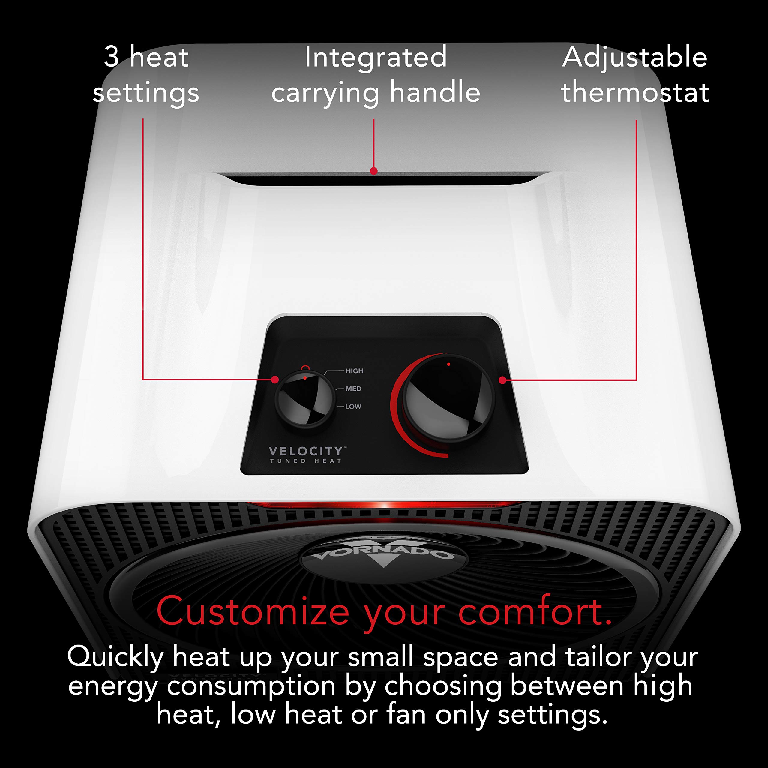 Vornado Velocity 3 Small White Space Heater with 3 Heat Settings & Adjustable Thermostat - Quiet Portable Electric Heater for Bedroom, Office & Home Use - Advanced Safety Features & Energy Efficient