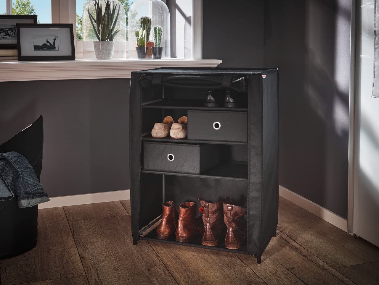 Leifheit Combi System Shoe Cabinet - Black, 60 x 35 x 81.5 cm - Space Saving Shoe Storage for Entryway, Hallway & Closet Organization