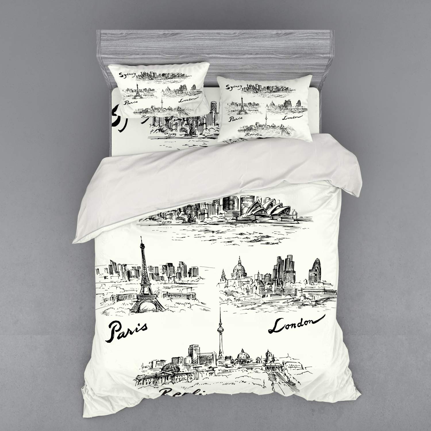 Ambesonne 4-Piece Queen Duvet Cover Set - World City Silhouette Print (Paris, Sydney, Berlin, London) in Cream & Black | Includes Shams & Fitted Sheet | Perfect for Travel-Themed Bedrooms, Guest Rooms & Vacation Rentals