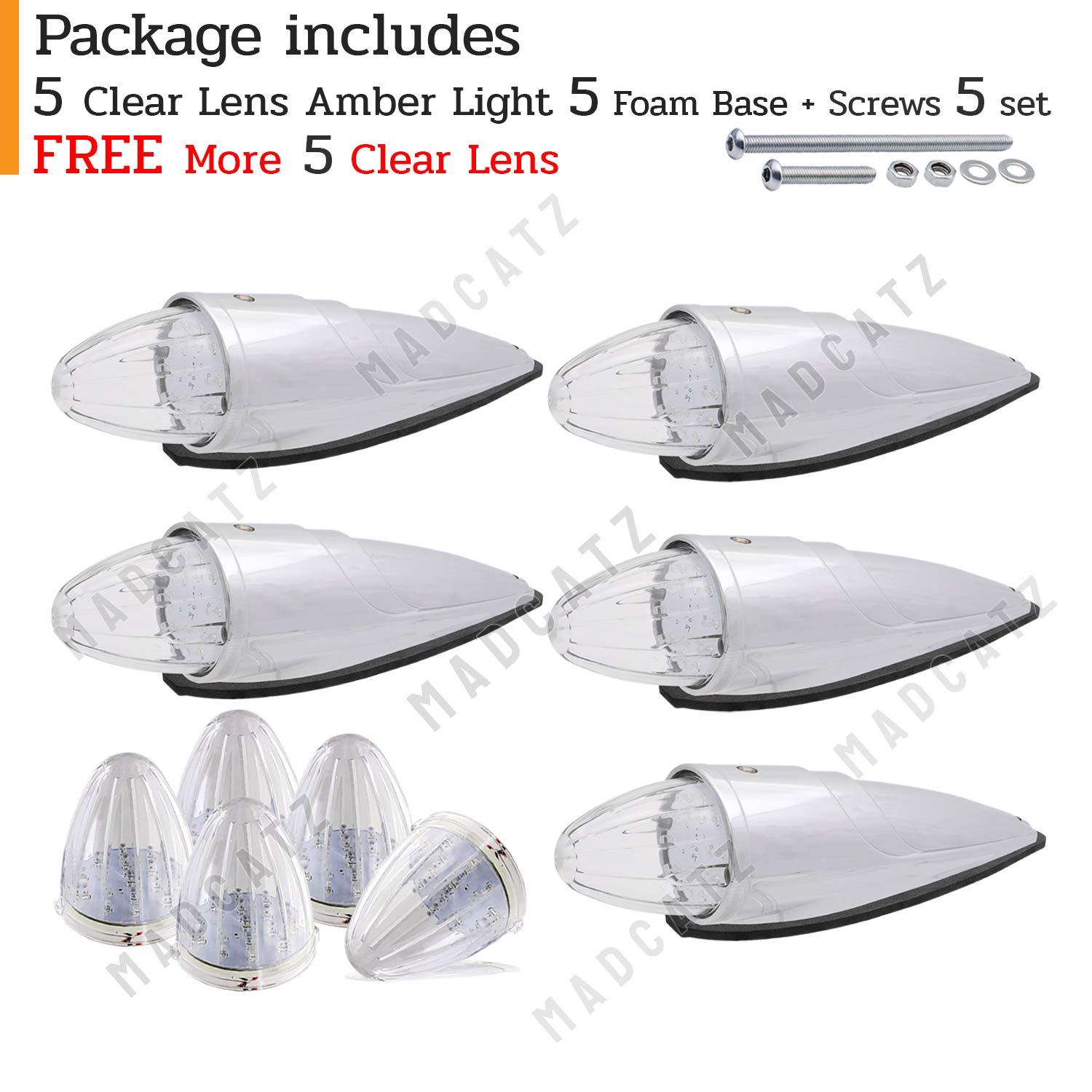 MADCATZ 15.5 Inch Amber LED Clear Lens Torpedo Cab Marker Lights (Pack of 5) - 12V DC Waterproof Roof Running Lights for Trucks & Trailers - Durable Chrome Housing for Heavy Duty Vehicles | Perfect for Semi Trucks, RV Campers, Commercial Trailers & Off-Road Vehicles