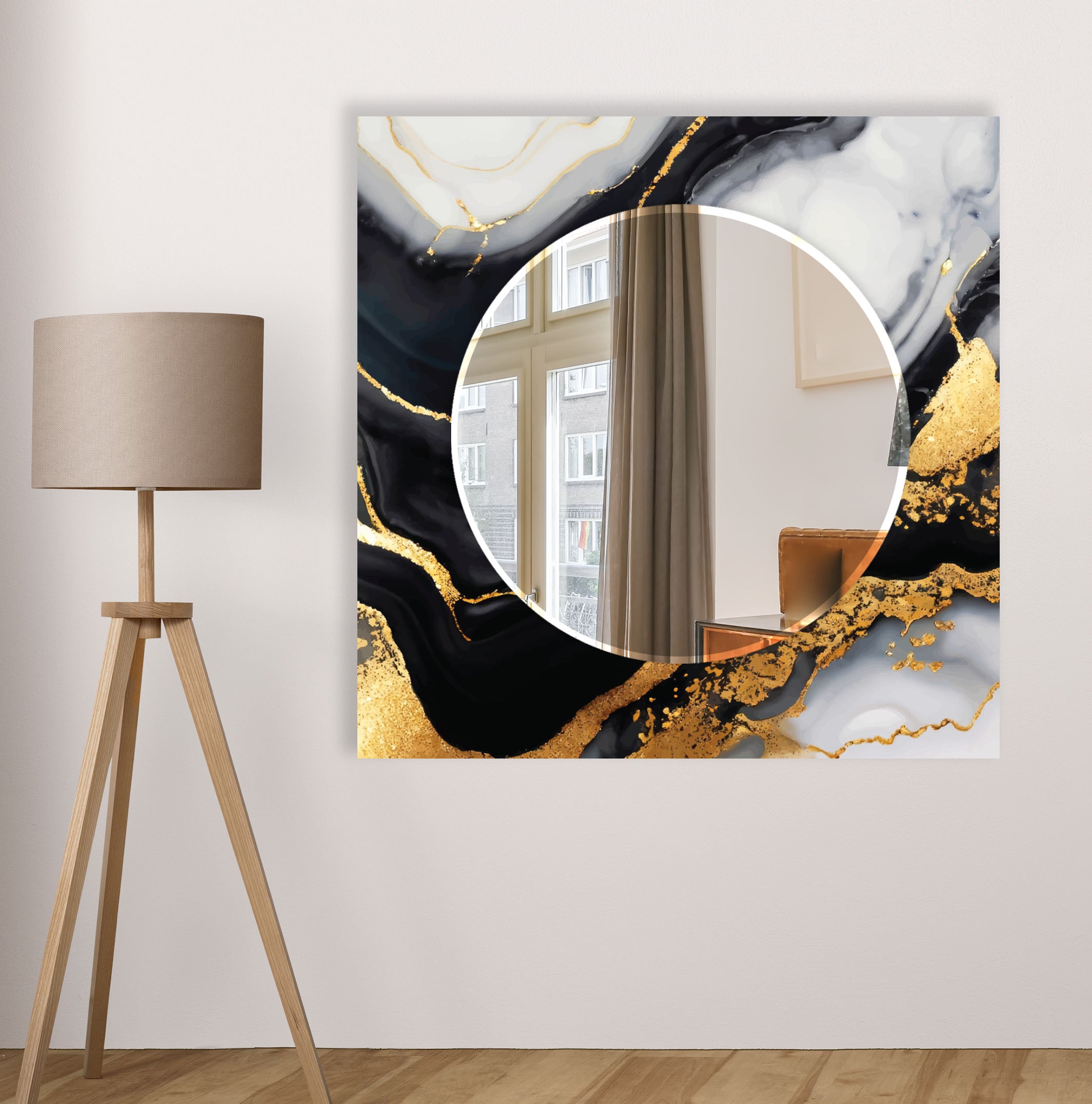 Black & Gold Marble Glass Wall Mirror - Modern Luxury Bathroom Decor for Vanity, Bedroom, or Entryway - Elegant Home Accent Mirror with Stylish Design