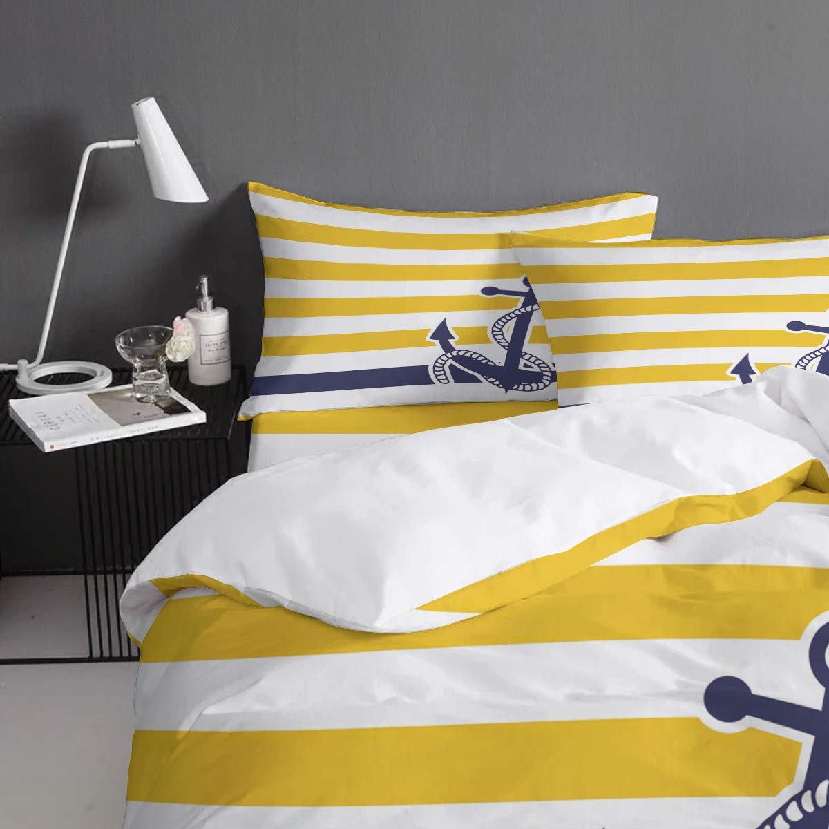 Navy Blue Nautical Anchor Duvet Cover Queen Size Set - 4 Piece Modern Bedding with Yellow & White Stripes, Zipper Closure & Ties | Soft Comforter Cover for Men, Women & Kids | Perfect for Coastal, Nautical or Beach Themed Bedrooms