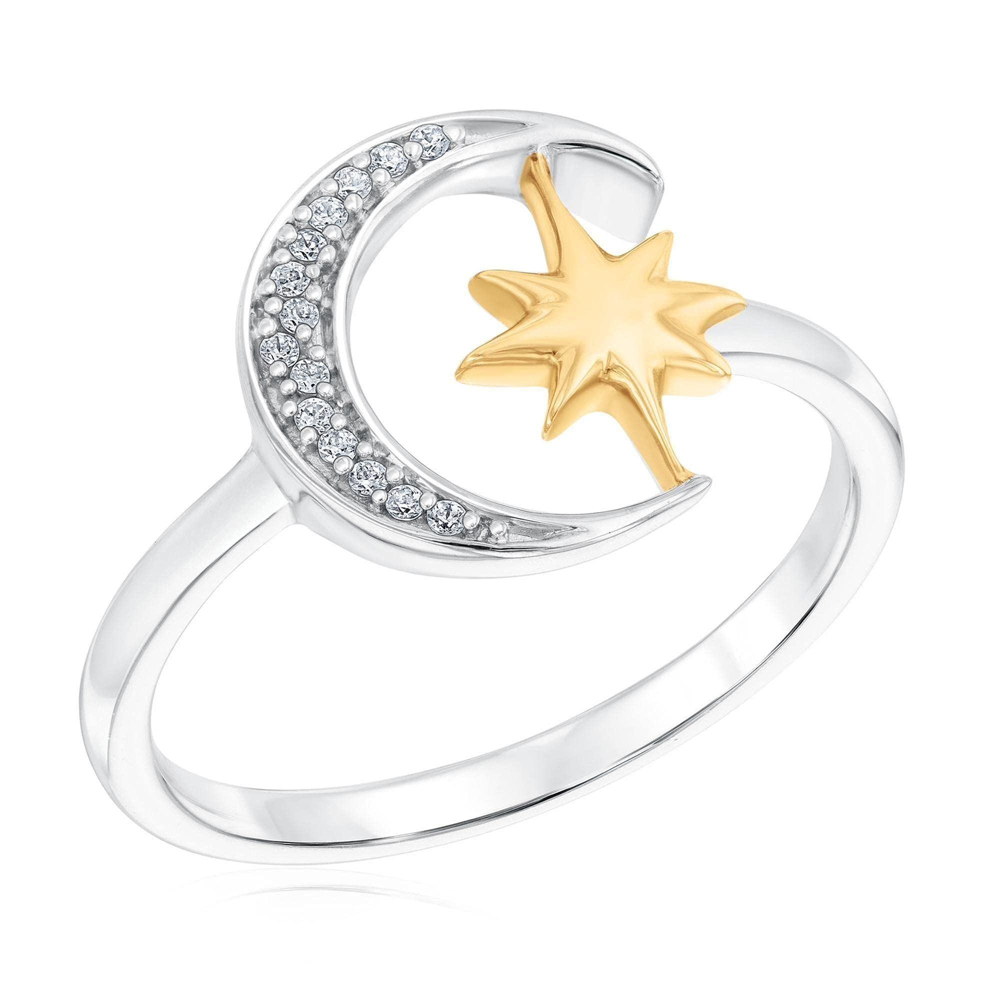 Reeds Radiant Universe Celestial Diamond Moon Star Two-Tone Ring 1/20ctw - Size 7 | Sterling Silver Zodiac Jewelry for Women | Perfect for Birthday Gifts, Anniversary & Celestial-Themed Occasions