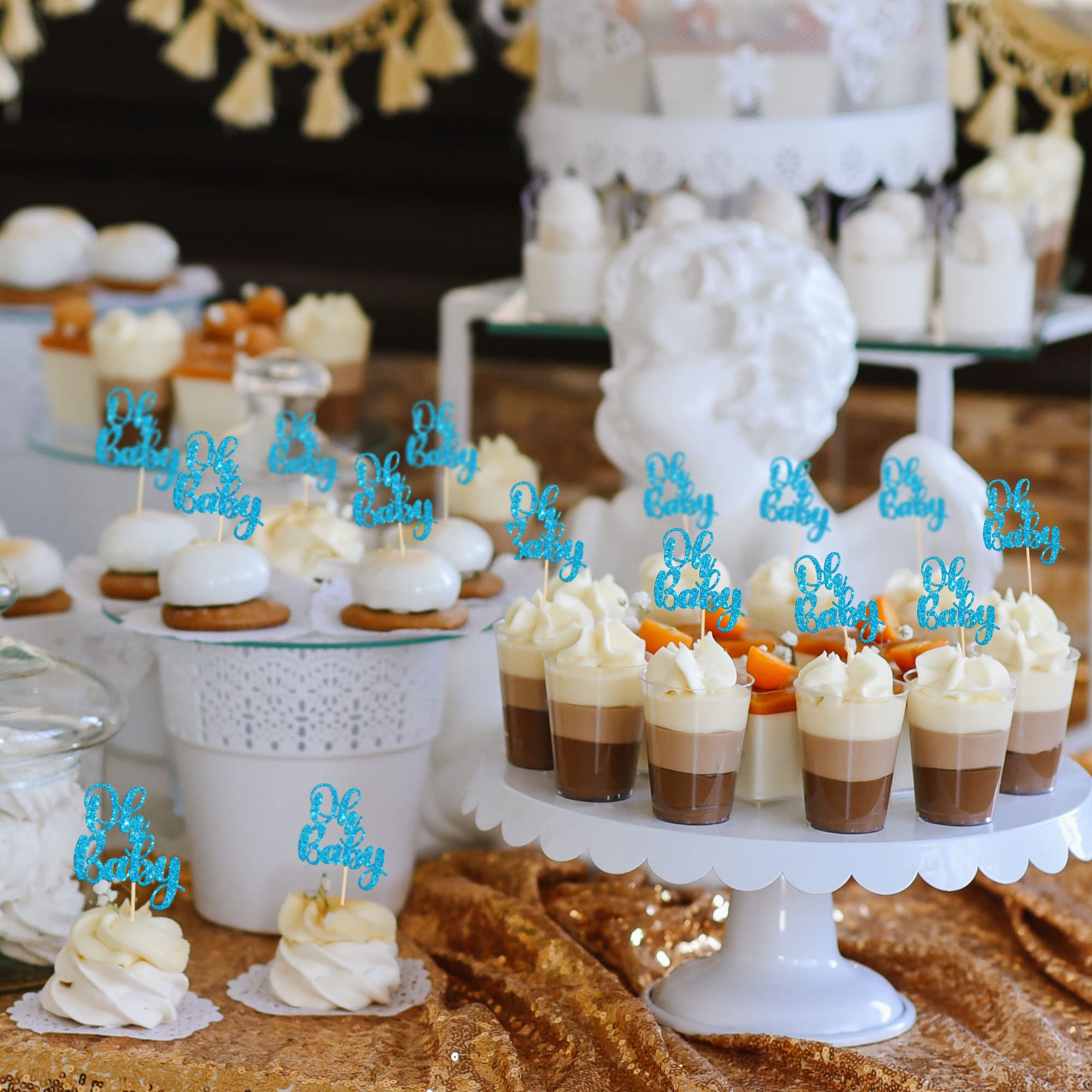 36 Pack Blue Glitter Oh Baby Cake Toppers - Cupcake Picks for Wedding, Birthday & Baby Shower Party Decorations | Perfect for Dessert Table, Baby Gender Reveal & Celebration Cakes