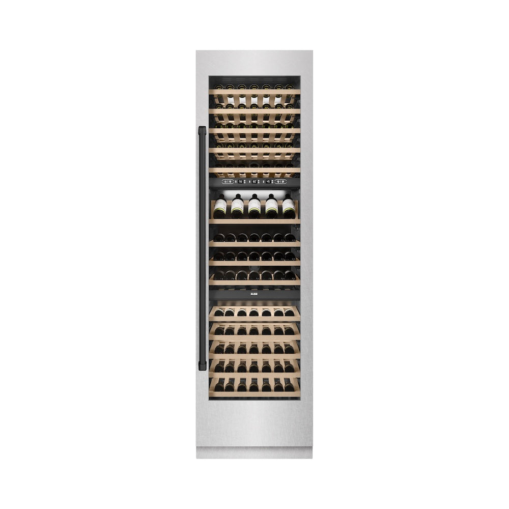ZLINE Autograph Edition 24 Inch 12.4 Cu Ft Triple Zone 100 Bottle Column Wine Cooler - Satin Stainless Steel & Matte Black Accents (RCWVZ SN 24 MB) | Perfect for Home Bars, Wine Cellars & Entertaining Spaces