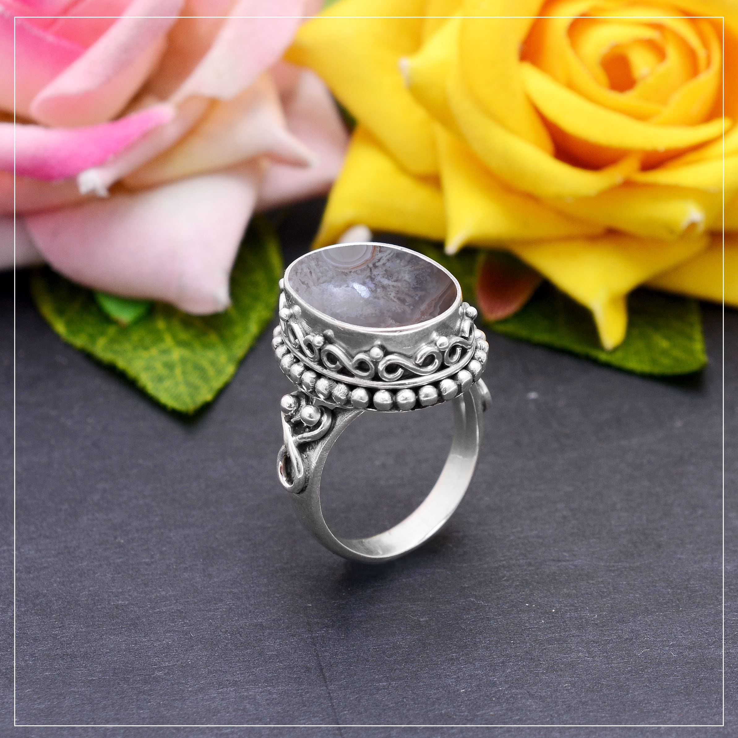 Veracity Jewelry 925 Sterling Silver Crazy Lace Agate Ring for Women - Natural Brown White Gemstone Healing Meditation Jewelry (VSR-320) - Perfect for Yoga, Spiritual Practice & Everyday Elegant Wear
