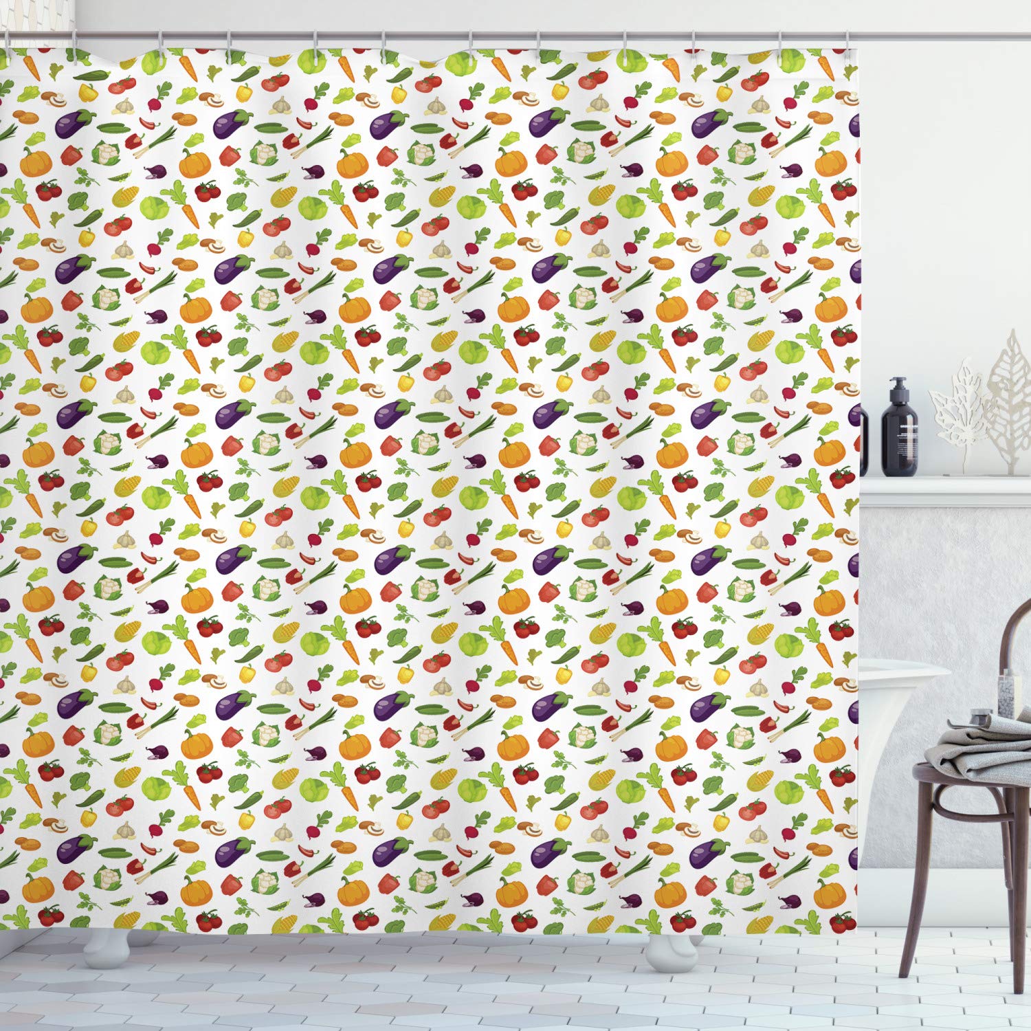 Ambesonne Fruits and Vegetables Shower Curtain - Colorful Cauliflower, Pepper, Corn, Eggplant, Pumpkin, Carrot & Peas Design - 69x70 Inch Waterproof Fabric Bathroom Decor with Hooks - Perfect for Kitchen Themed or Farmhouse Style Bathrooms