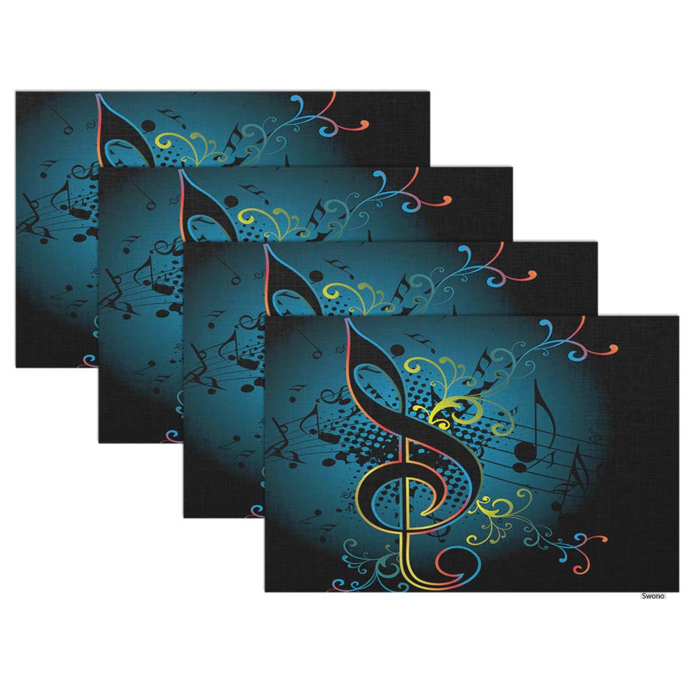 Swono 4-Pack Musical Notes Placemats - Grunge Floral Design Oilproof Table Mats 12x18 Inches for Dining Table & Kitchen Decor | Perfect for Dinner Parties, Music Lovers & Home Styling