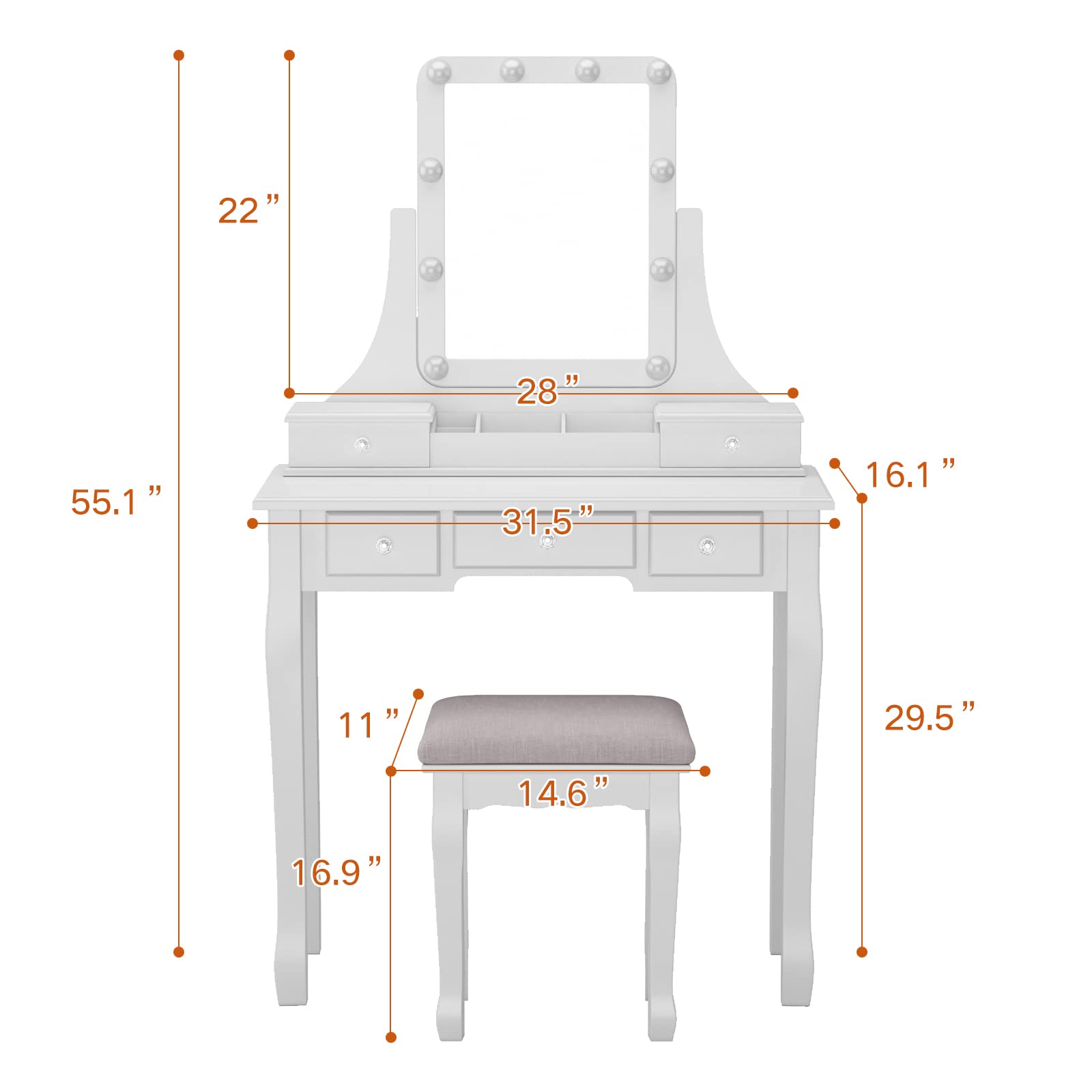 White Vanity Table with Lights & 5 Drawers - 360° Rotating Mirror Makeup Vanity Set for Bedroom, Dressing Room & Beauty Salon | LED Illuminated Vanity Desk with Storage