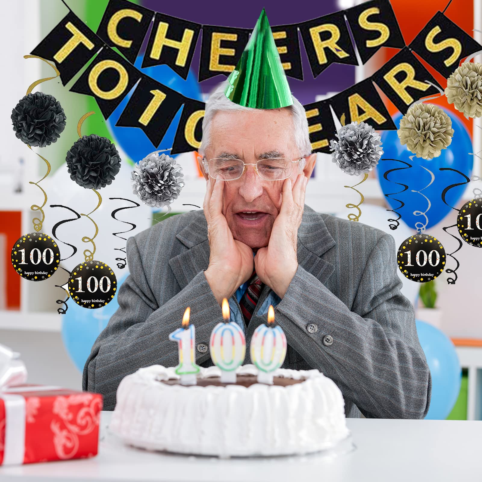 Trgowaul 100th Birthday Party Decorations Kit - Gold Glitter 'Cheers to 100 Years' Banner, Pom Poms, 6 Sparkling Hanging Swirls, Gold Number Balloon & 15 Confetti Balloons - Perfect for Centennial Celebrations, Milestone Anniversaries & Grandparent Birthday Parties