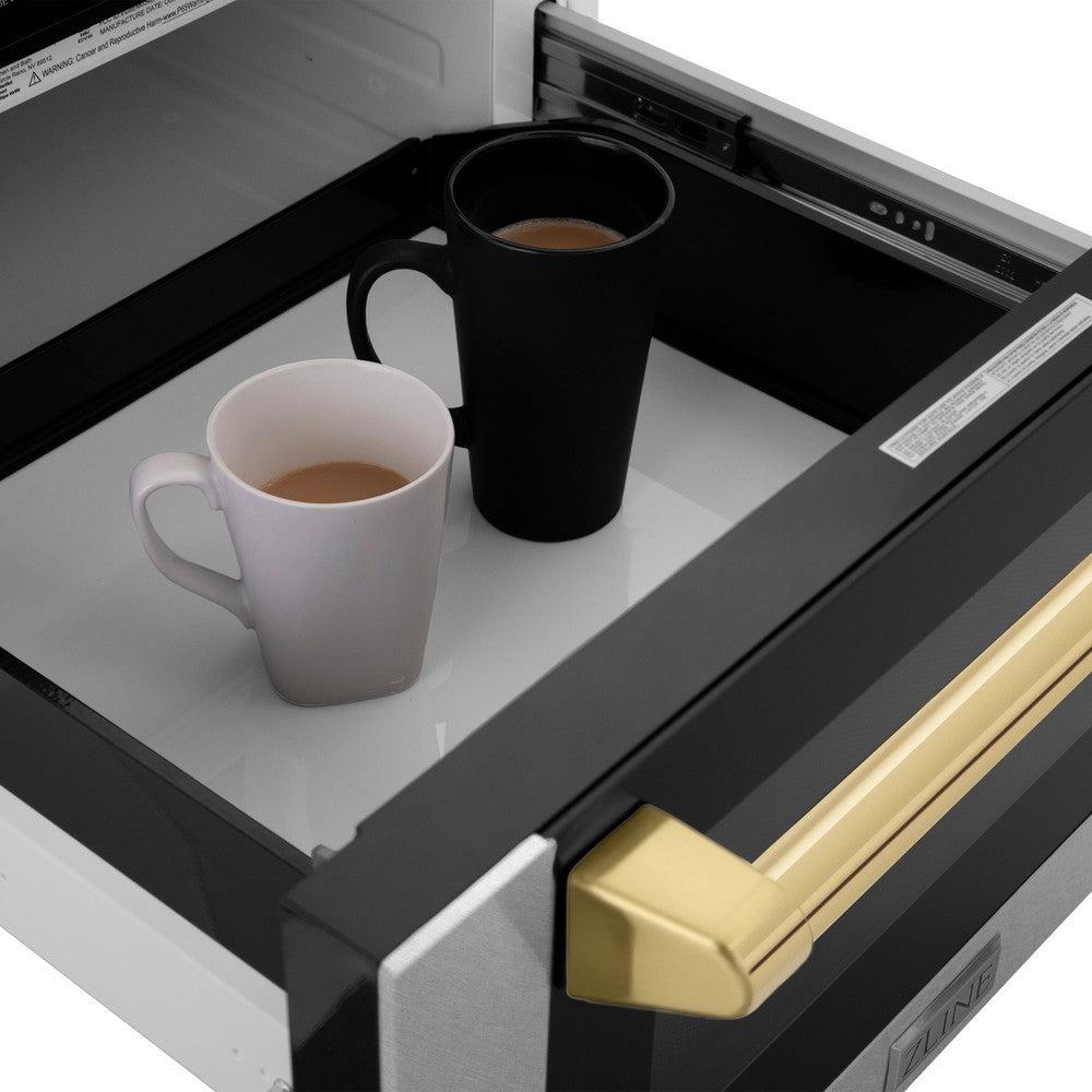 ZLINE Autograph Edition 24-inch Built-in Microwave Drawer - 1.2 cu.ft Capacity, Satin Stainless Steel with Polished Gold Accents, Traditional Handle (MWDZ 1 SS H G) - Perfect for Modern Kitchens, Luxury Homes & High-End Appliances