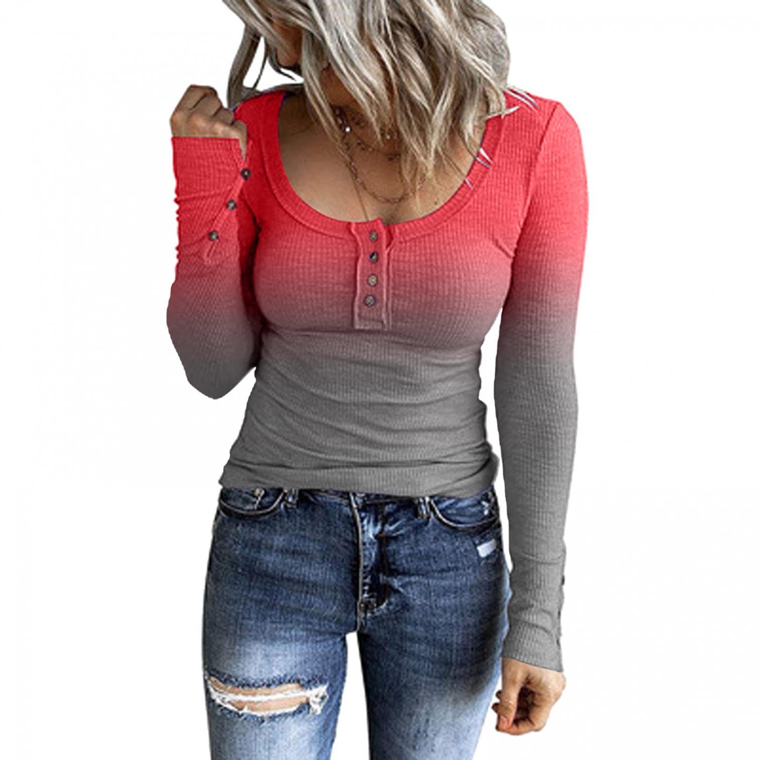 Gradient Henley Crewneck Long Sleeve T-Shirts for Women - Stretchy Slim Fit Casual Blouse Top - Perfect for Work, Date Night & Everyday Wear