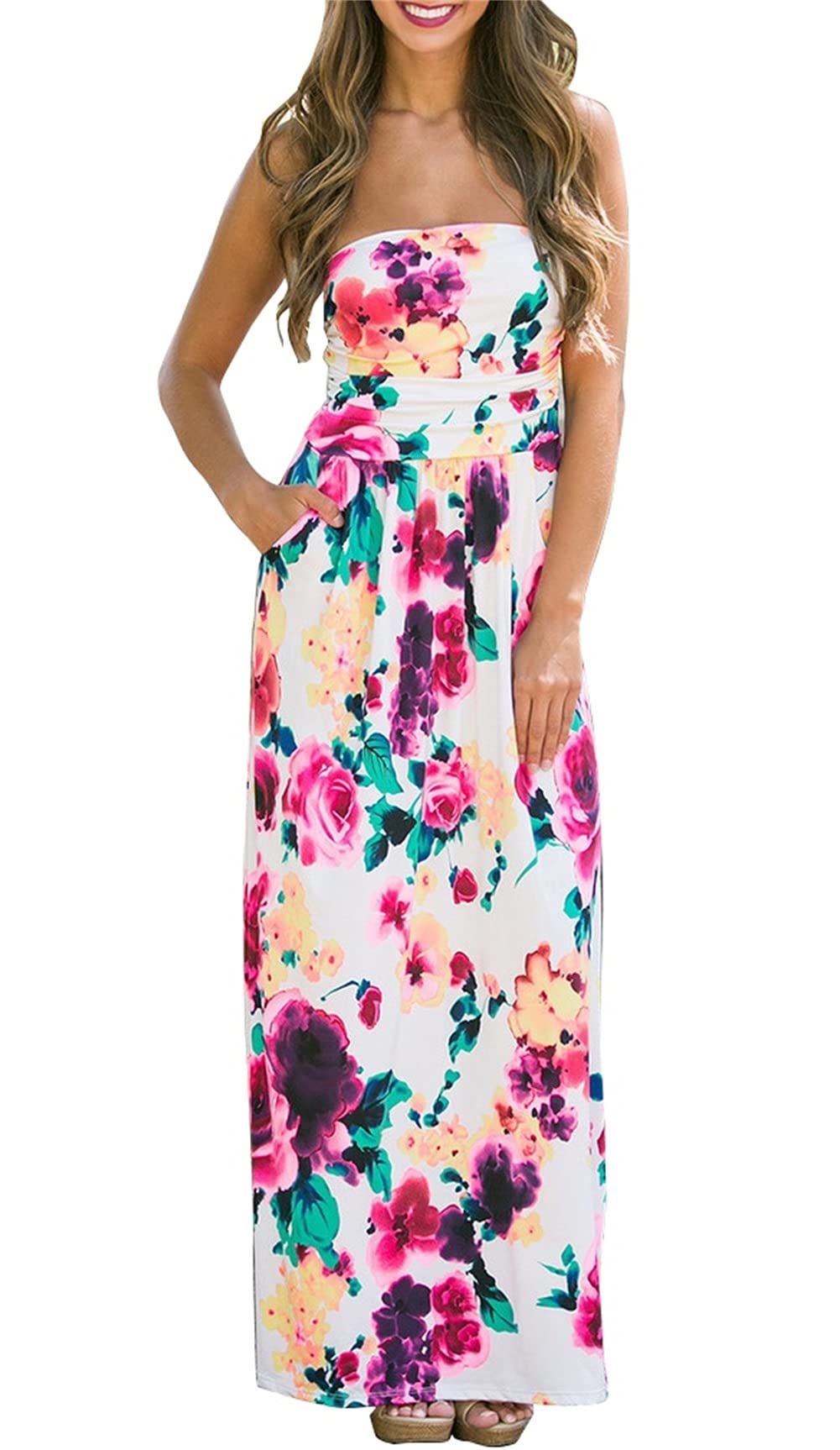 PRIMODA Women's Strapless Tube Top Maxi Dress - Floral Boho Beach Dress with Pockets | Summer Vacation, Pool Party, Wedding Guest Outfit